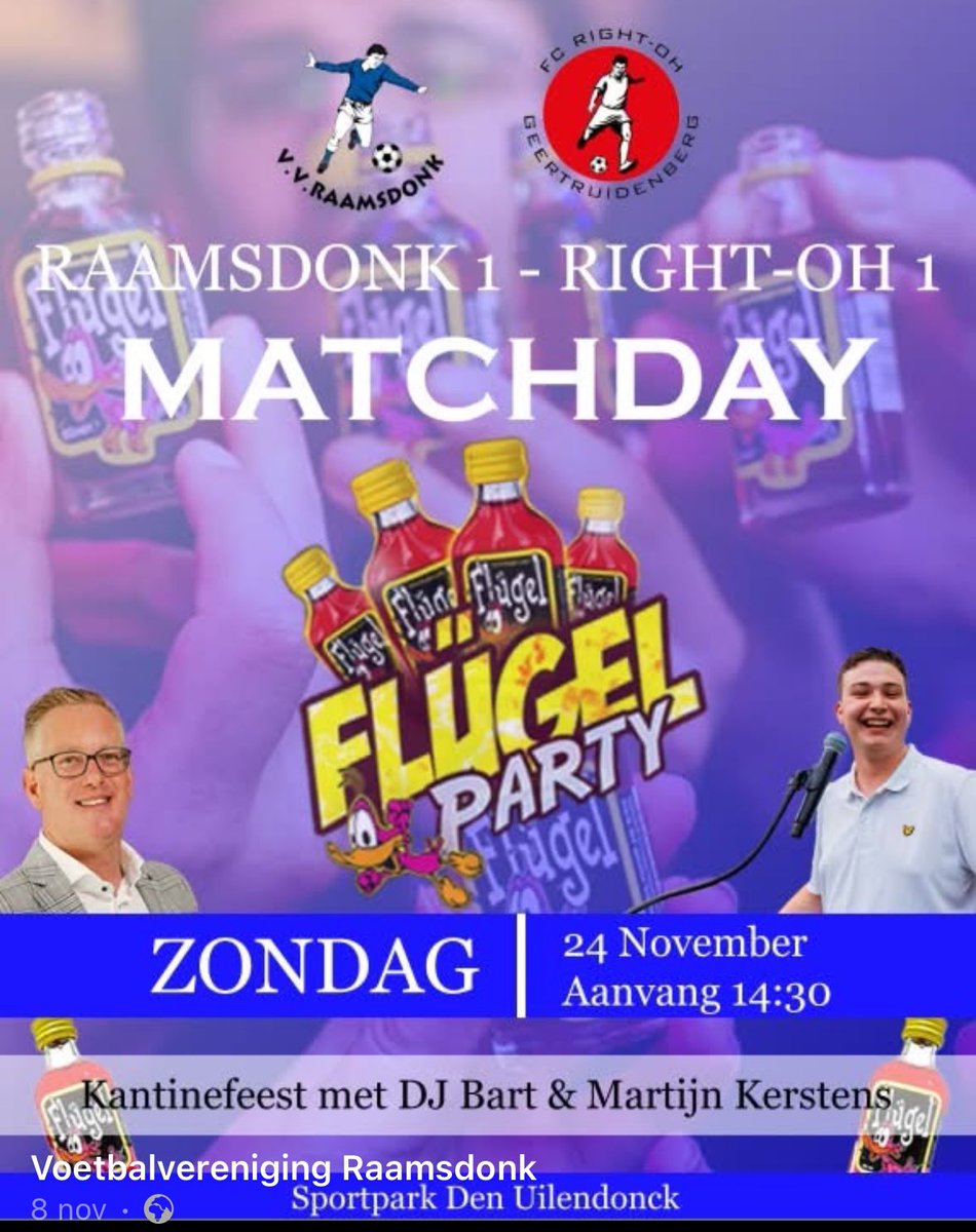 Vandaag de beent tegen Right Oh op het programma. LET OP AANVANG 14.00u.
Aansluitend kantinefeestje.