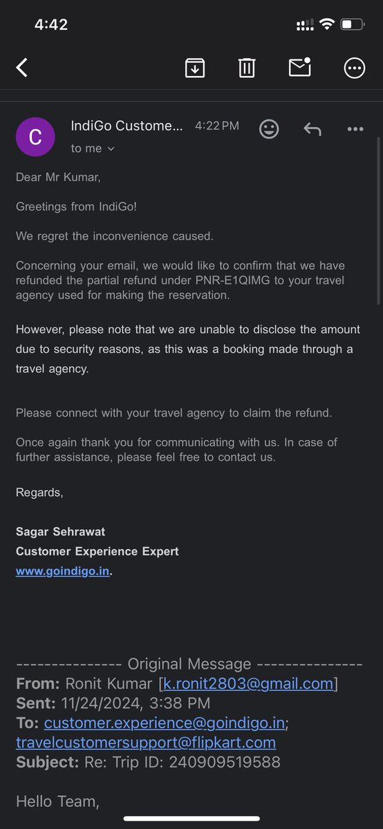 ronret45's tweet photo. @IndiGo6E @flipkartsupport can I please get the refund for PNR E1QIMG, Flipkart is saying there is no refund and Indigo is saying we have refunded the amount but can’t disclose how much, stop making fool of customer and refund me my money. @DGCAIndia @jagograhakjago https://t.co/dBCuA6EIub