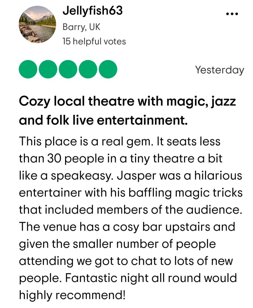 Another lovely 5 Star Review this week. Tickets left for next Fri 29th &amp; Sat 30th, so catch our comedy magic &amp; mind-reading show 'VIVA VEGAS"

Book NOW thesmallspace.co.uk/whats-on 

#theatre #magic #comedy #liveentertainment #Barry #cardiff #whatsoncardiff #supportlocal #cocktails