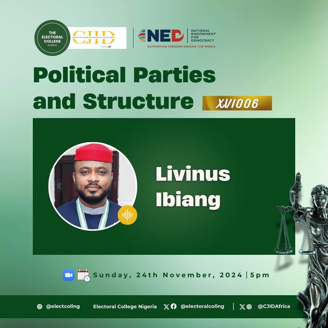ECN COHORT XVI - APC (@ecnapcxvi) on Twitter photo Today on the 16th Cohort of Our #Politeracy & #Governance 101 Cohort with today’s class
Topic: Political Parties & Structure
Facilitator <a href="/ilivinus/">Ibiang Livinus</a>
Time: 5pm
#CohortXVI #NED #CJID #Electoralcollng Today on the 16th Cohort of Our #Politeracy & #Governance 101 Cohort with today’s class
Topic: Political Parties & Structure
Facilitator <a href="/ilivinus/">Ibiang Livinus</a>
Time: 5pm
#CohortXVI #NED #CJID #Electoralcollng