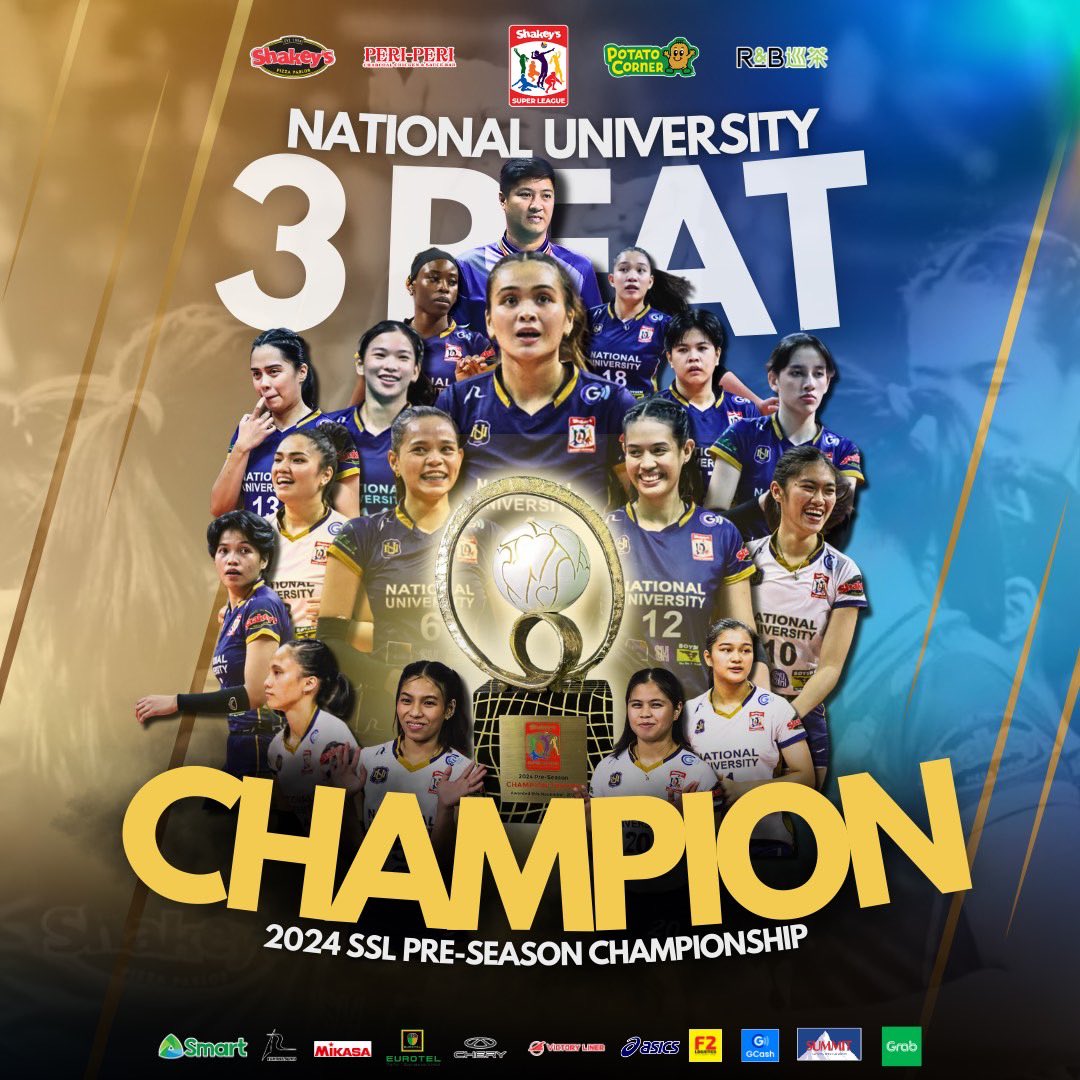 ShakeysLeague's tweet photo. 3-PEAT COMPLETE

The NU Lady Bulldogs reign supreme once again, clinching the 2024 SSL Pre-Season Championship for the third consecutive time! Their remarkable 3-peat solidifies their dominance among the 10 NCAA teams and 8 UAAP teams that competed this year.

#ShakeysSuperLeague https://t.co/CbiKcnfz0V