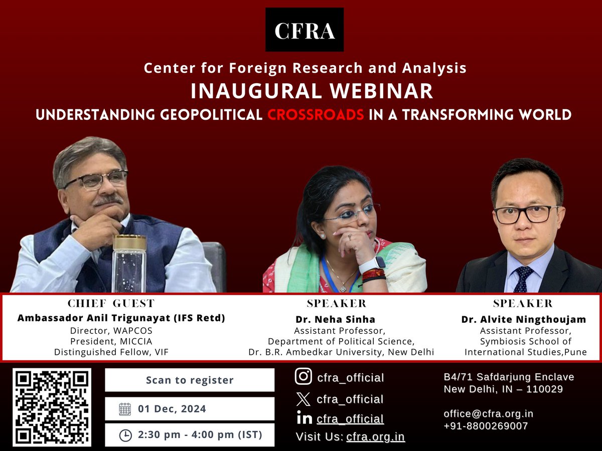 AmbTrigunayat's tweet photo. Looking forward to this webinar on Dec 1 by #CFRA with other Distinguished experts #India #USA #WestAsia #Geopolitics @MEAIndia @PMOIndia https://t.co/TZ0Jj0BE6U