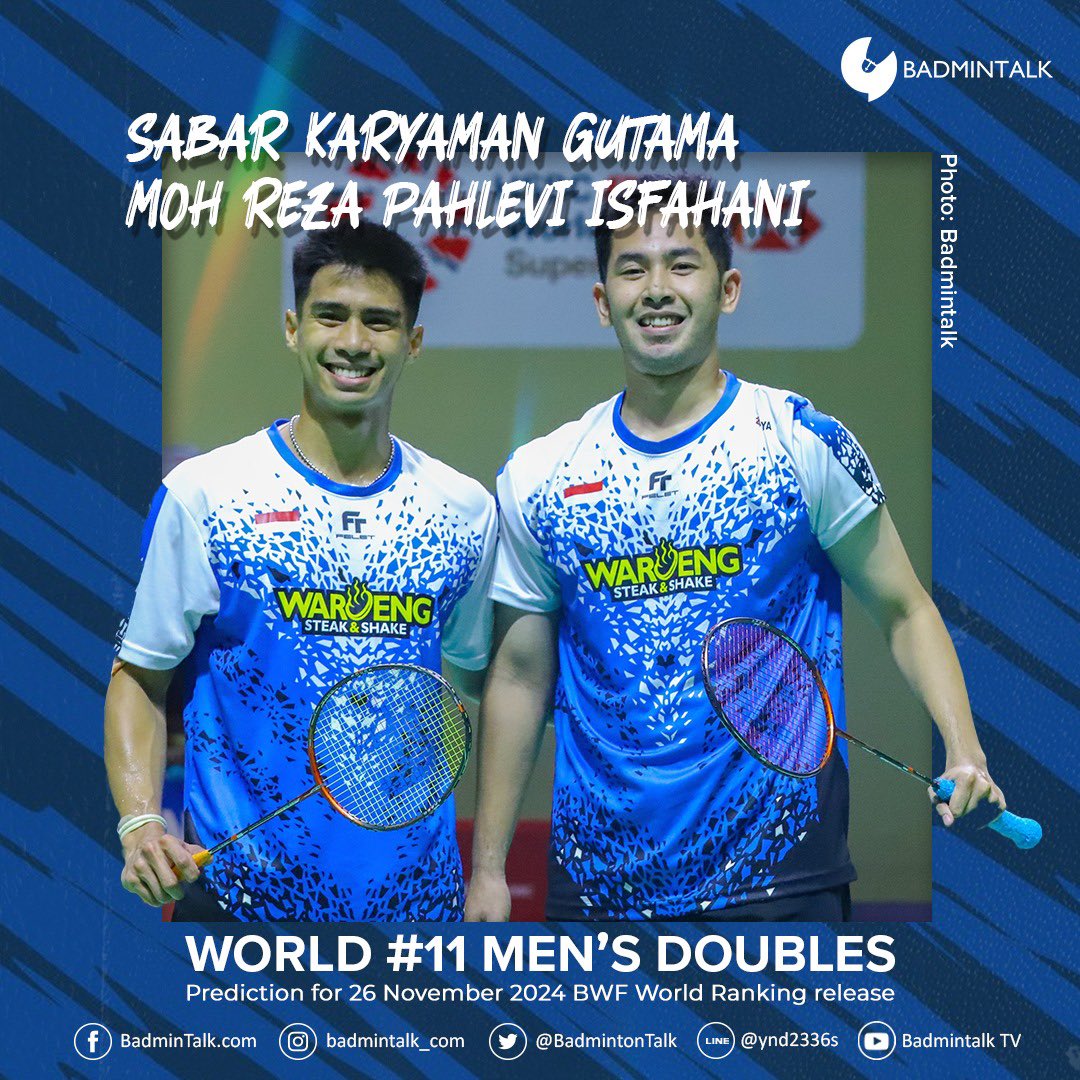BadmintonTalk's tweet photo. Congratulations to Sabar Karyaman Gutama/Moh. Reza Pahlevi Isfahani for reaching career high of World Rank number 11 next week!
They will be ranked eleventh in the world in next week's ranking release on Tuesday, 26 November 2024!
#Badmintalk #RankingCalculated https://t.co/jr95frR3JU
