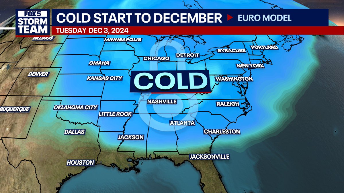 AForbesWx's tweet photo. HEADS UP: Metro Atlanta could see its coldest temperatures since last January in the week following Thanksgiving. 

It's a little too early to get into specifics. But, I would expect needing the winter coat to start to December.

@FOX5Atlanta @FOX5StormTeam #GAwx https://t.co/2dCJNEEeTP