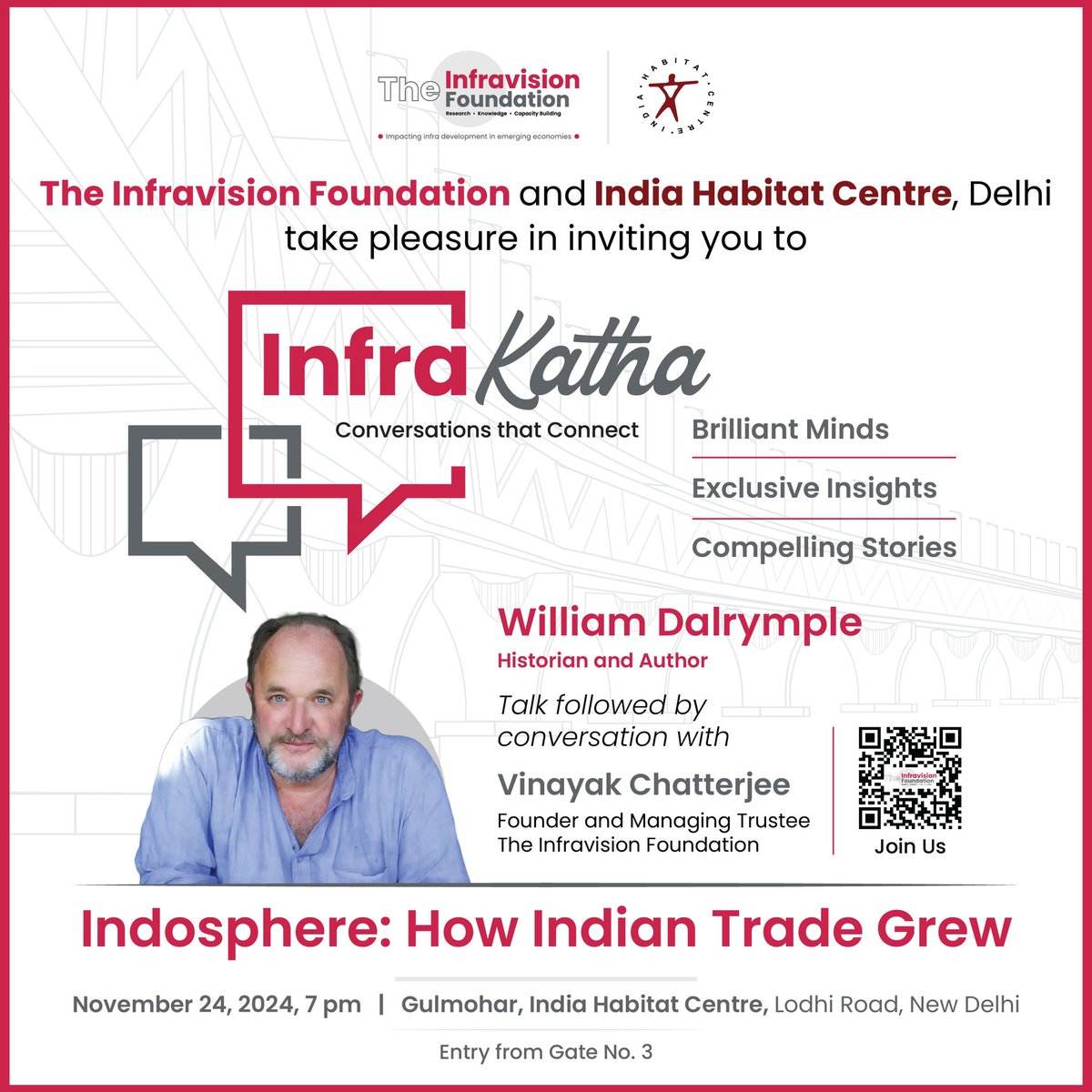 TheInfravision's tweet photo. LIVE IN 2 HOURS! Join @DalrympleWill for a talk on 'Indosphere: How Indian Cities Grew', followed by a conversation with @Infra_VinayakCh! Today, 7 PM at Gulmohar, @IHCDelhi. Join in person or scan the QR code for live stream or click here: #Indosphere #infra https://t.co/ZtnKQCMdYm