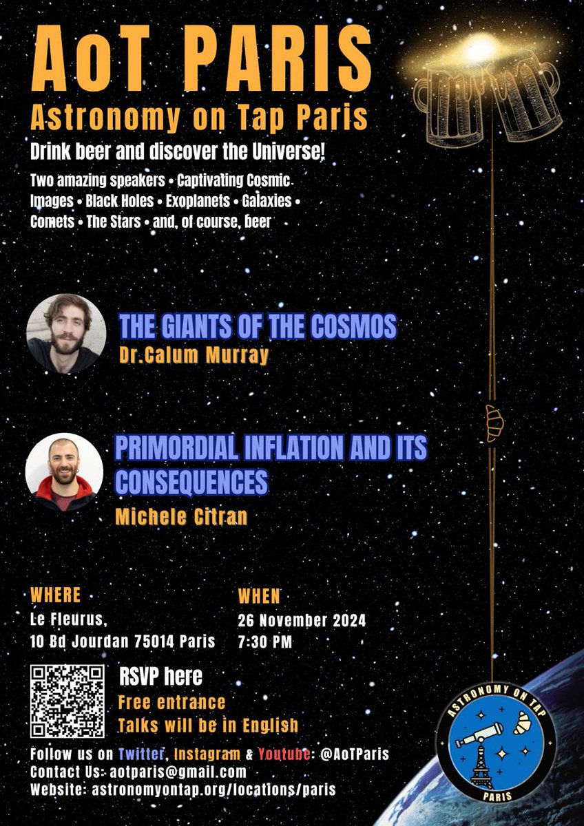 AoTParis's tweet photo. The our next event in Paris will be on Tuesday, after 19:30, @ Le Fleurus. Come listen to wonderful talks By Dr Calum Murray and Michele Citran on giant structures in the cosmos and have a drink and long winding chats with cosmologists and astrophysicists.  🍻🎉🔭🌌 https://t.co/o17vVfeLVo