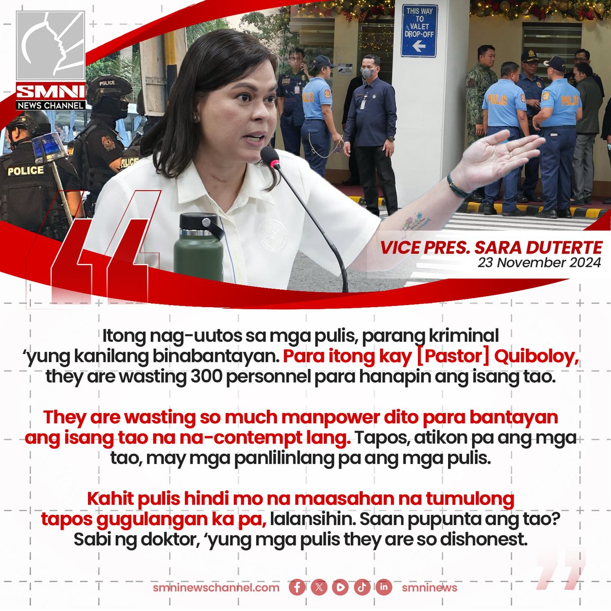 smninews's tweet photo. OVERKILL?
Pagdagsa ng pwersa ng pulis sa St. Luke's para bantayan si OVP Chief of Staff Atty. Zuleika Lopez, kinuwestiyon ni VP Sara Duterte; inihalintulad sa 16-day siege ng KOJC. https://t.co/GwBpIUUB3N