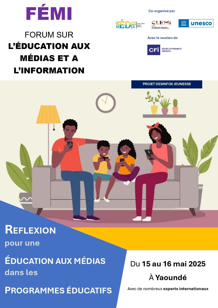 📢Un événement à retenir !
Après la conférence de plaidoyer avec <a href="/UnescoYaounde/">UNESCO YAOUNDE #Education #Sciences #Culture #Comm</a> du 12/11, nous préparons le Forum sur l'EMI #FÉMI2025 avec les autorités camerounaises et des experts internationaux qui partageront l'expérience de leurs pays en matière d'EMI 
<a href="/LeCLEMI/">CLEMI</a>
<a href="/CFImedias/">CFImedias</a>