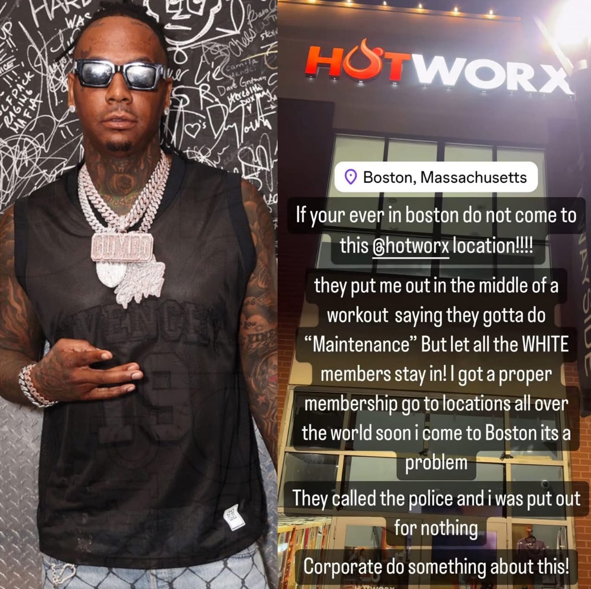 RealBostonMedia's tweet photo. .@MoneyBaggYo calls out a local @OfficialHOTWORX location for picking on him while working out on his Boston tour stop on the #LastLapTour https://t.co/1kXh04XuKM