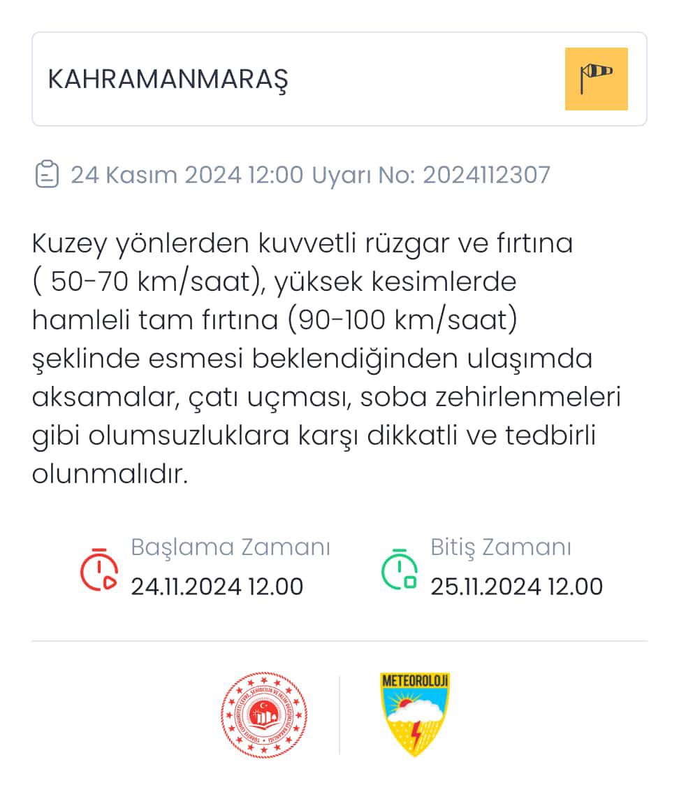 ⚠️⚠️ DİKKAT ‼️

İlimiz merkezinde kuvvetli rüzgar ve fırtınanın yarın öğle saatlerine kadar etkili olması bekleniyor. 

⚠️ Kuvvetli rüzgâr sebebiyle oluşabilecek ağaç ve direk devrilmesi, çatı uçması, soba ve baca gazı kaynaklı zehirlenme riski gibi olumsuzluklara karşı