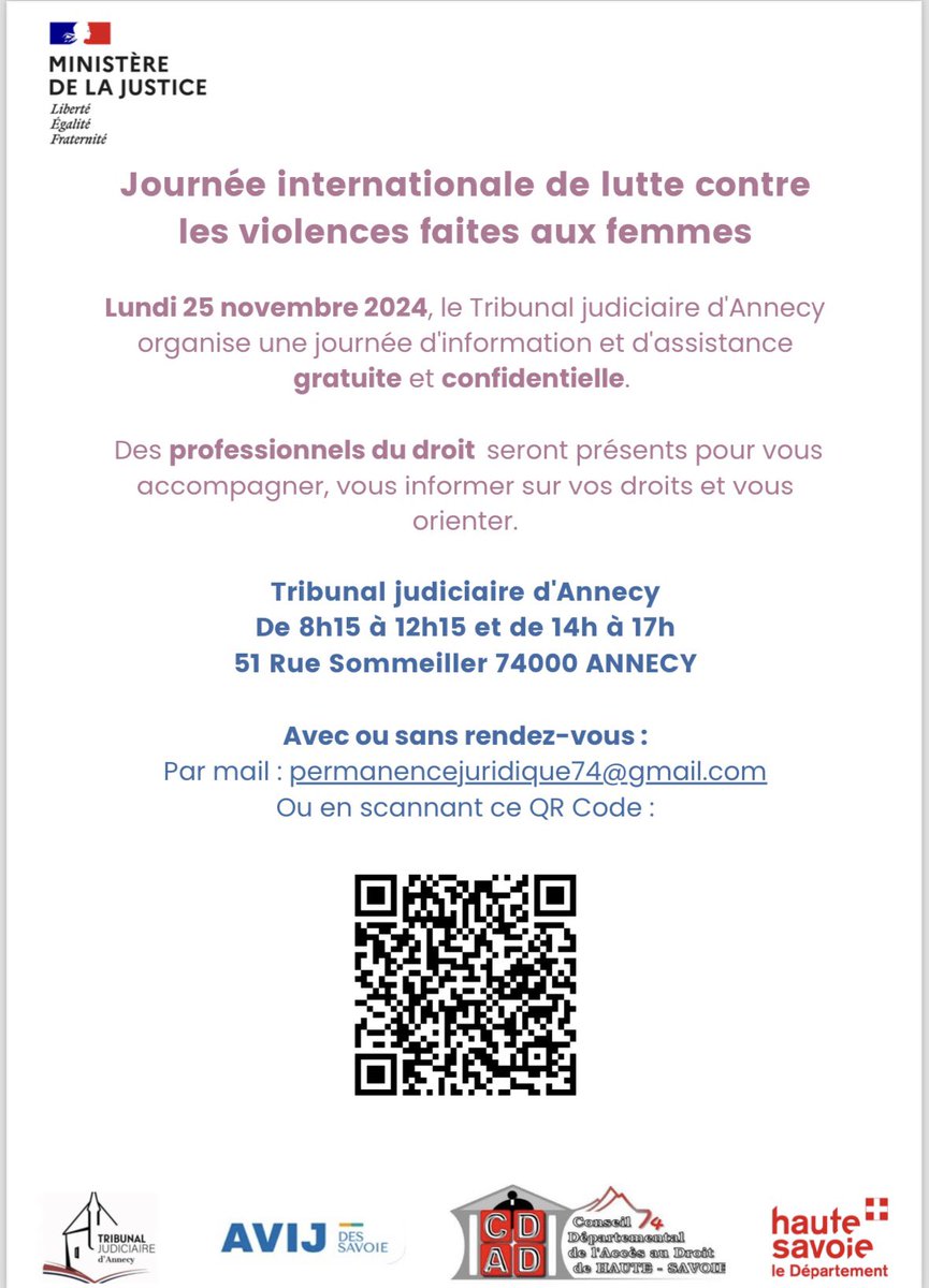🔷le 25 novembre c’est la journée internationale de lutte contre les violences faites aux femmes 
✅consultations juridiques gratuites organisées au tribunal par le CDAD74
#violencesfaitesauxfemmes