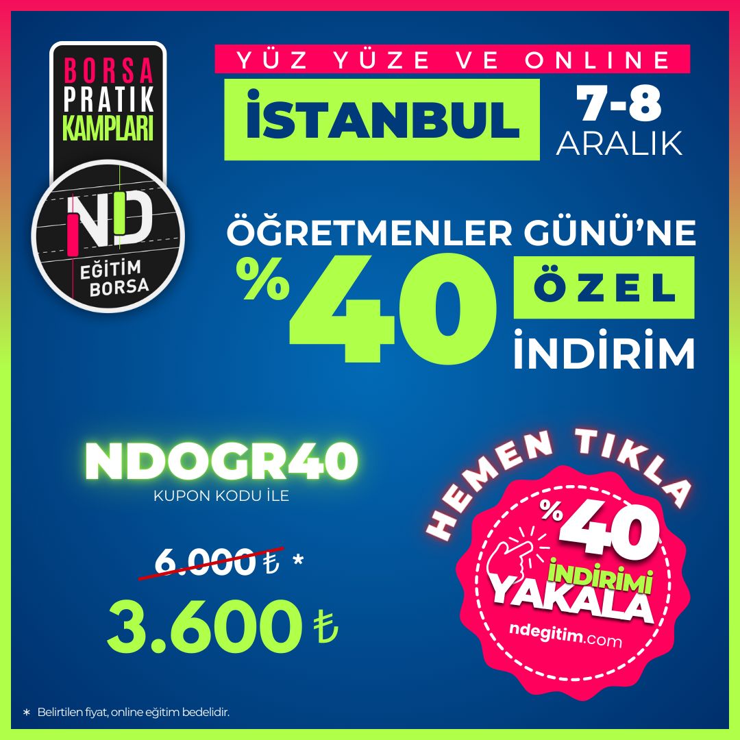 ndegitim's tweet photo. İstanbul'daki Borsa Pratik Kampı eğitimimize 7-8 Aralık'ta yüz yüze veya online olarak katılabilirsiniz.

Hem de Öğretmenler Günü'ne özel %40 indirimle, 6.000 TL yerine sadece 3.600 TL ödeyerek.

"NDOGR40" kupon kodu ile bu fırsatı kaçırmayın!

Detaylar ve kayıt için https://t.co/E2Y7NryksW'u ziyaret edin.

Eğitimin her alanda ne kadar kıymetli olduğunu en iyi bilen tüm öğretmen arkadaşlarımızı bu eğitime bekliyoruz!

#borsa #hisse #teknikanaliz #egitim #tarama #pazar #sondakika #kampanya #indirim #24KasımÖğretmenlerGünü