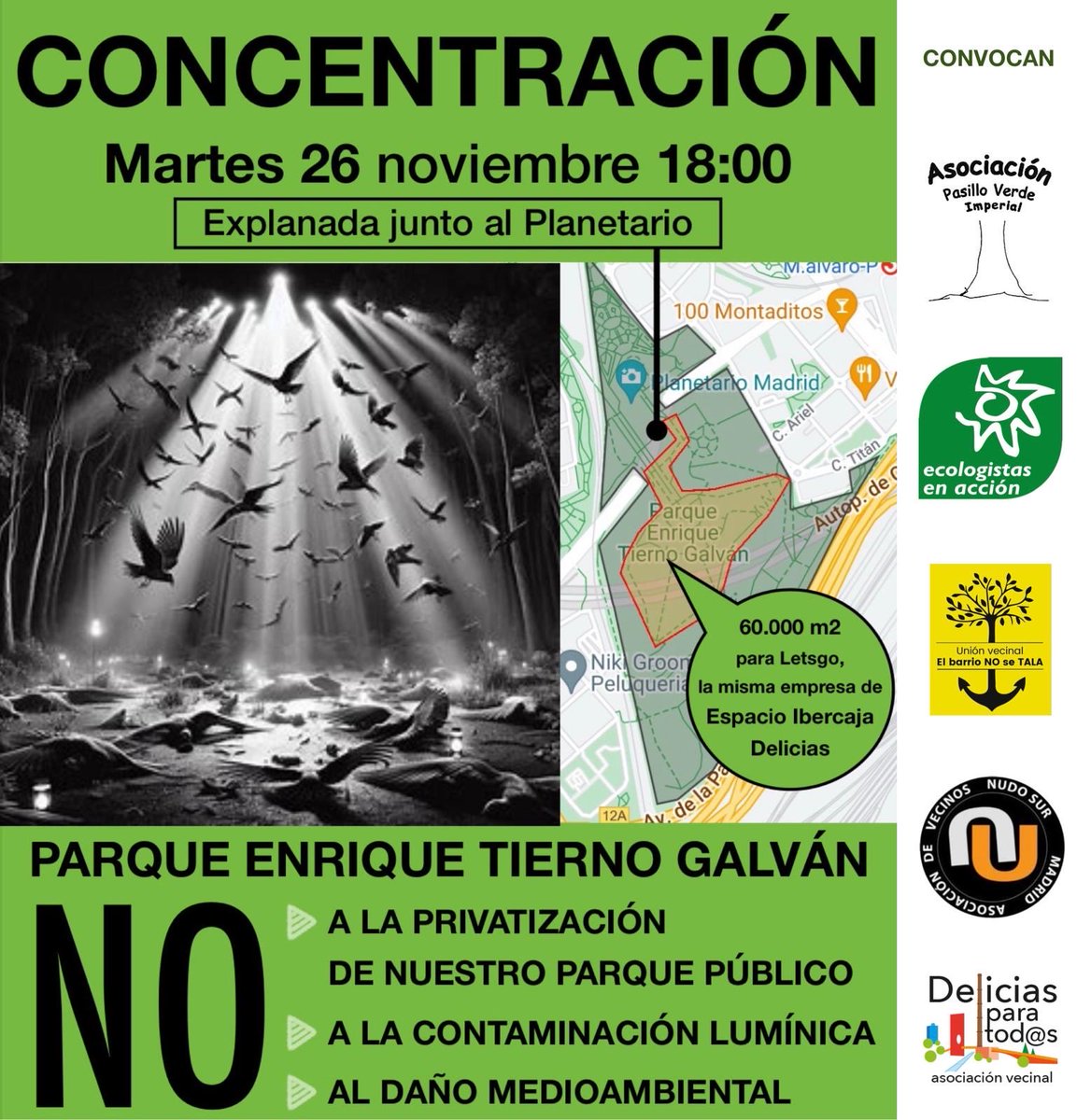 DeliciasTod's tweet photo. 📢 CONCENTRACIÓN en defensa del Tierno Galván
📆 martes 26 18:00 

‼️ DEFIENDE TU 🌳 PARQUE 
‼️ DEFIENDE LA 🐦 NATURALEZA

❌ NI PRIVATIZACIÓN 💰
❌ NI CONTAMINACIÓN 🚨

#ParqueTiernoGalvan
#NiPrivatizacionNiContaminacion
#MadridVerdeySostenible

@FRAVM ⁦@NOAESTEPLAN⁩ https://t.co/n5LwpOY7pS