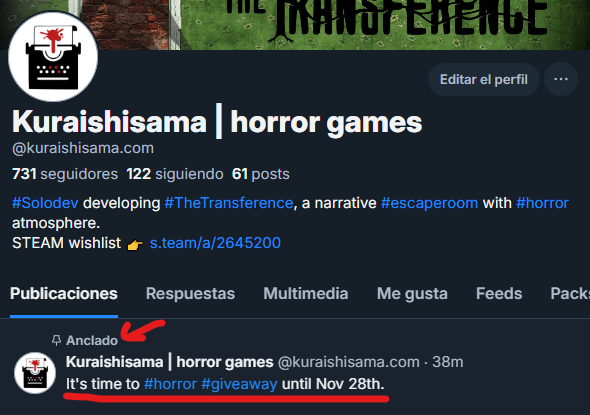 Kuraishisama's tweet image. #Giveaway for horror games and...
PRIVATE ACCESS DEMO to #TheTransference 😁
On the other platform 👇