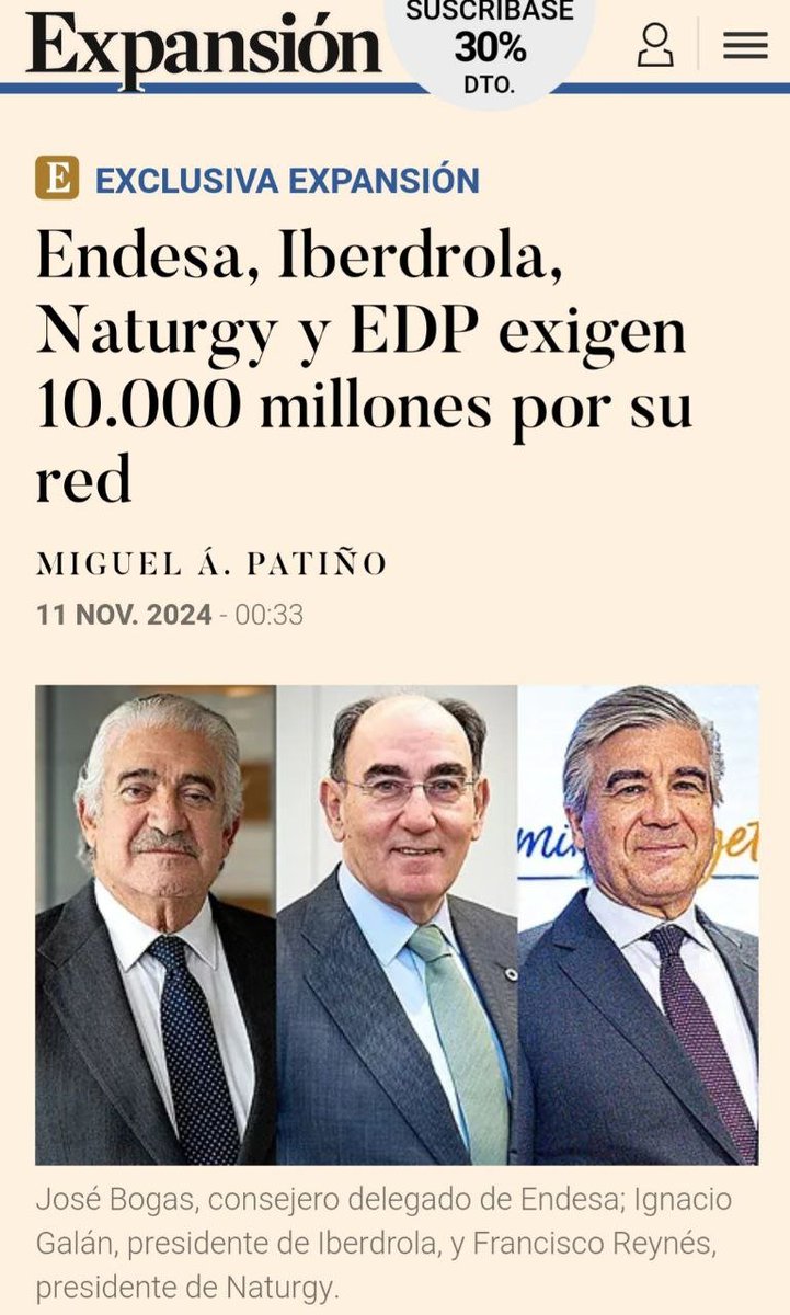 Endesa, Iberdrola, Naturgy y EDP exigen 10.000 millones por usar su red de distribución eléctrica.
La red eléctrica en España está formada por 800.000 kilómetros de cables de baja tensión que son de su propiedad y por eso este oligopolio extorsiona, no al Gobierno, a ti y a mí