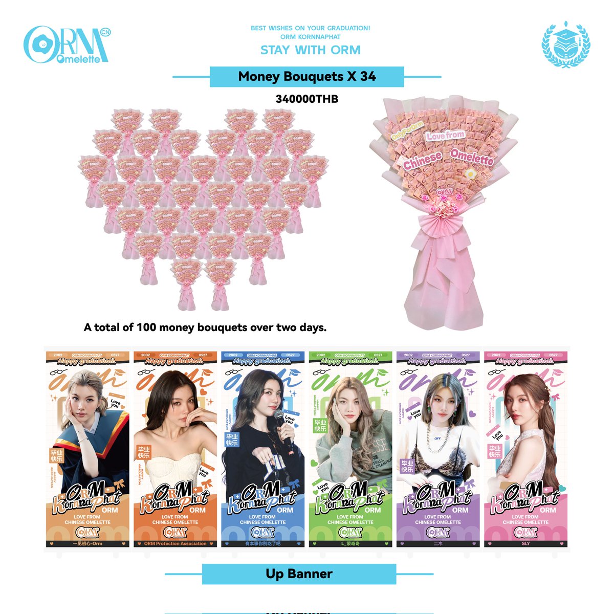 OrmKornnaphatCN's tweet photo. Orm Graduation Support Event - Part 07

[Fan Support - Money Bouquet & Up Banner on 25 Nov]

Money Bouquet X 34 (340, 000THB)
Up Banner X 6

A total of 100 money bouquets over two days.

100 represents full marks, meaning she will always be our perfect baby in our hearts. 💯

🩷🤍🩷🤍🩷🤍🩷🤍🩷🤍🩷🤍

Happy Graduation to Orm! 🎉

Write Your Story
Direct Your Future!

🩷 Love From Chinese Omelette 🤍

PS: More will be coming soon. ONLY FOR ORM 🩷🩷🩷

#ormkornnaphat
#ออมกรณ์นภัส
@ormmormm