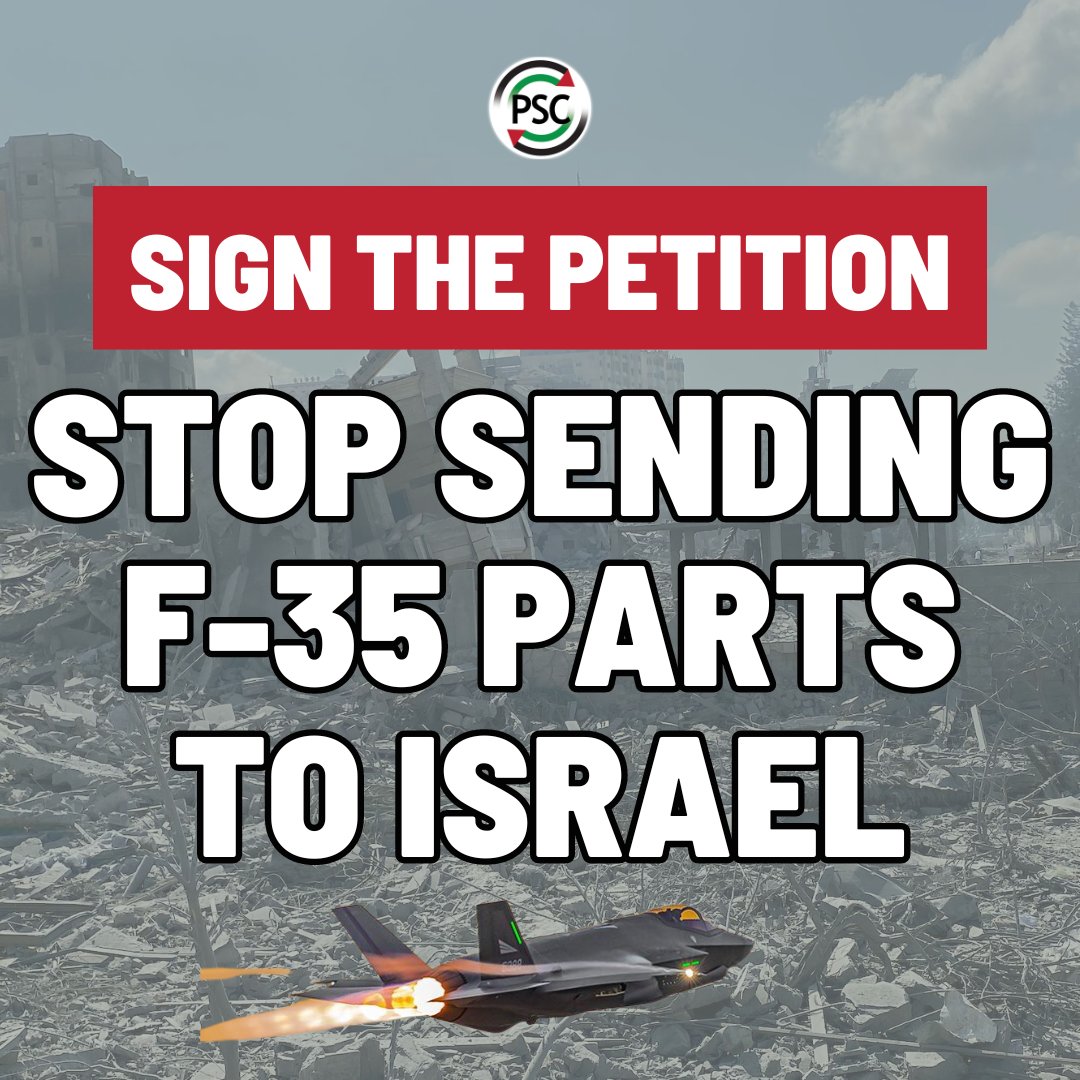 Palestine Solidarity Campaign (@pscupdates) on Twitter photo 🚨 Sign the petition: Stop sending F-35 parts to Israel
The govt has suspended 30 arms export licenses to Israel over its violation of international law. But it still allows F-35 parts to go to Israel via the US. Tell them to stop this trade.
Sign here: palestinecampaign.eaction.online/petition-end-a… 🚨 Sign the petition: Stop sending F-35 parts to Israel
The govt has suspended 30 arms export licenses to Israel over its violation of international law. But it still allows F-35 parts to go to Israel via the US. Tell them to stop this trade.
Sign here: palestinecampaign.eaction.online/petition-end-a…