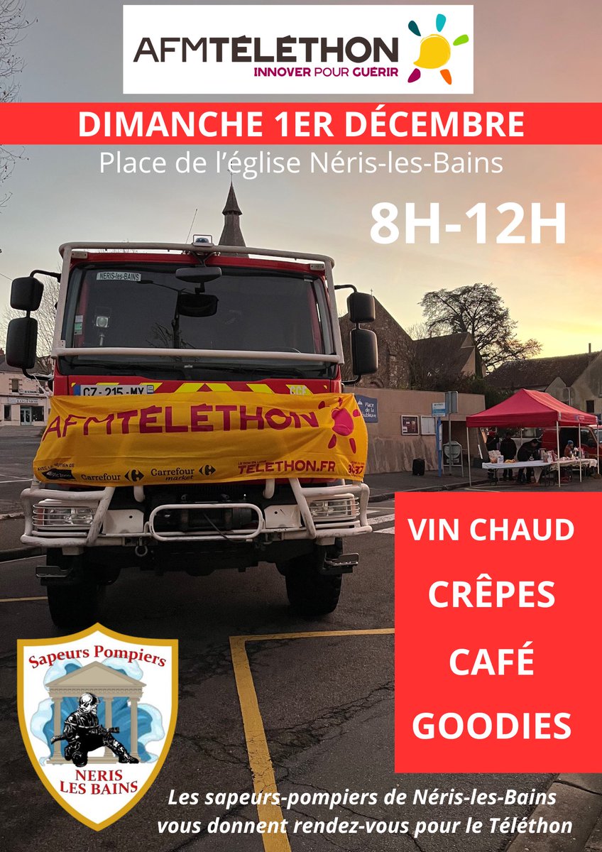 Amicalespneris's tweet photo. 𝗧𝗲́𝗹𝗲́𝘁𝗵𝗼𝗻 𝟮𝟬𝟮𝟰🎗️🚒

Rendez-vous 𝗱𝗶𝗺𝗮𝗻𝗰𝗵𝗲 𝟭𝗲𝗿 𝗱𝗲́𝗰𝗲𝗺𝗯𝗿𝗲 au marché de Néris-les-Bains pour notre traditionnelle vente de goodies, crêpes et vin chaud au profit du Téléthon.

Nous vous attendons nombreux 🥰

#sapeurpompier #telethon #telethon2024 https://t.co/3fJGGkh2qk