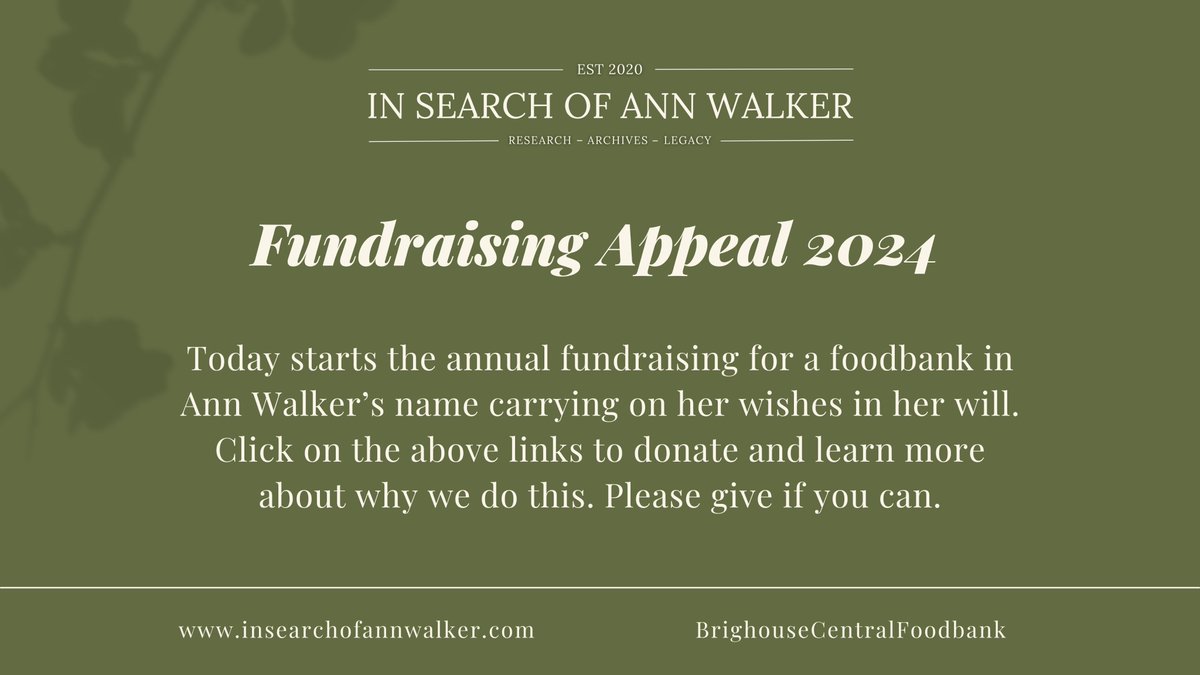 FUNDRAISING APPEAL 2024
Today we start our annual fundraiser for the Brighouse Foodbank in Ann Walker's name until Xmas Eve.
Ann left £10 annually to the people of Lightcliffe in her will and we fundraise to carry on her legacy.   Please give if you can and share/like the post