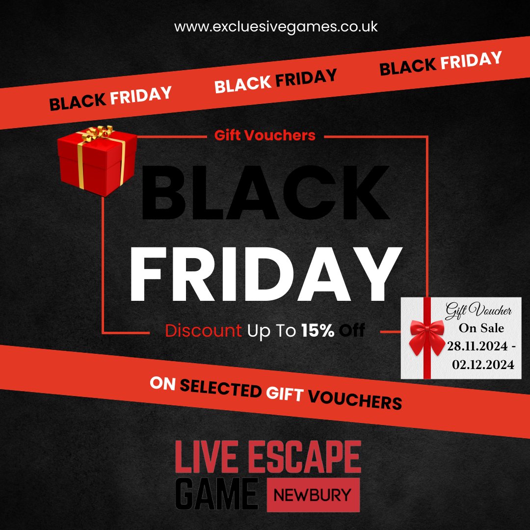 Whether you seek a unique experience in the coming weeks or wish to surprise a loved one this Christmas, our selected Black Friday eGift Vouchers offer up to 15% off. 
More details at: excluesivegames.co.uk/gift-voucher T&amp;Cs apply.
#Newbury #Berkshire #Thatcham #Christmasgifts <a href="/newburyberks/">Newbury Berks</a>