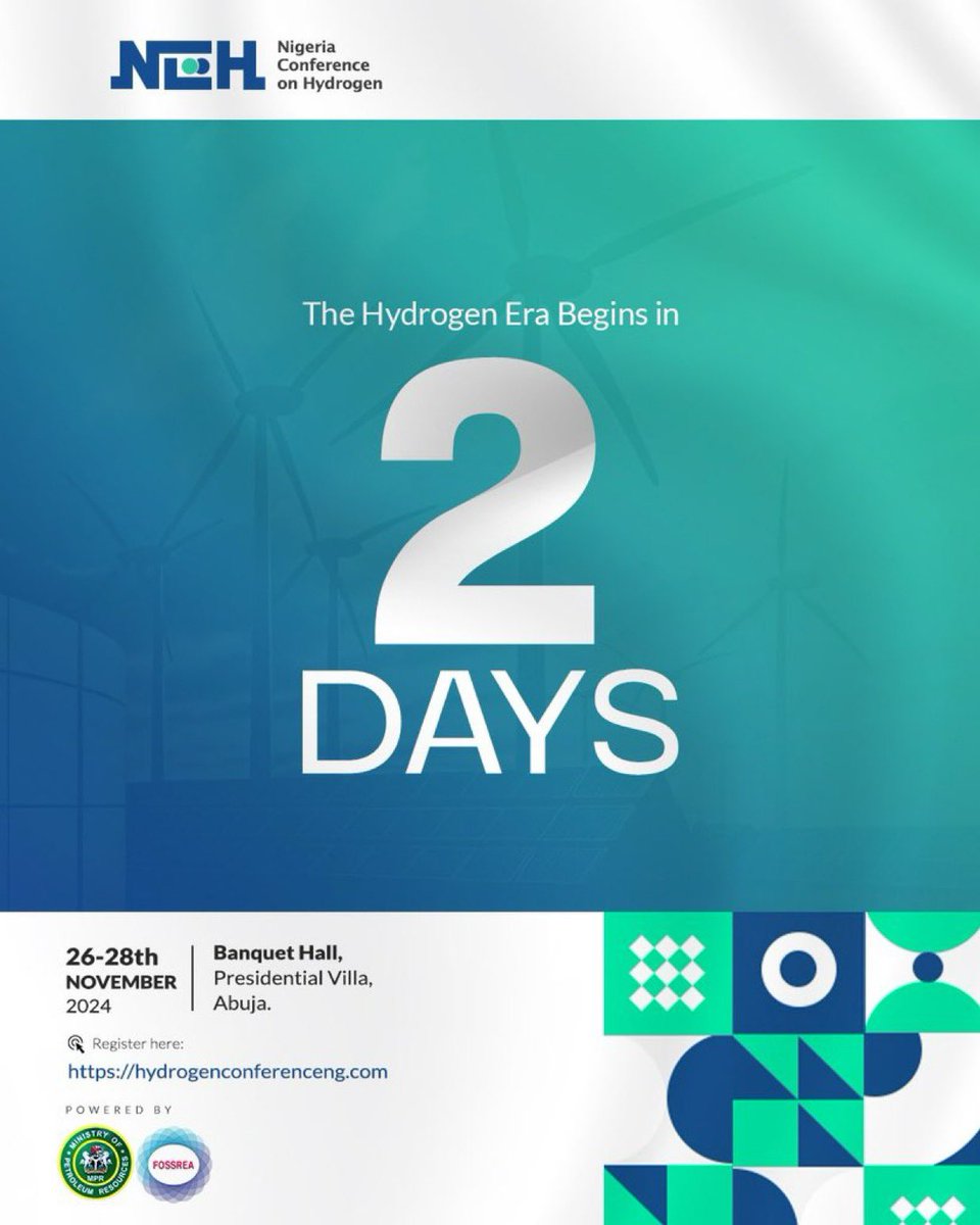 Hydrogen_Ng's tweet photo. In just 2 days, we kick off the Nigeria Conference on Hydrogen! 

Join us as we step into the hydrogen era, driving clean energy, innovation, and sustainable growth for Nigeria. Don’t miss this opportunity to be part of a revolutionary energy future. https://t.co/gImQvazN1w
