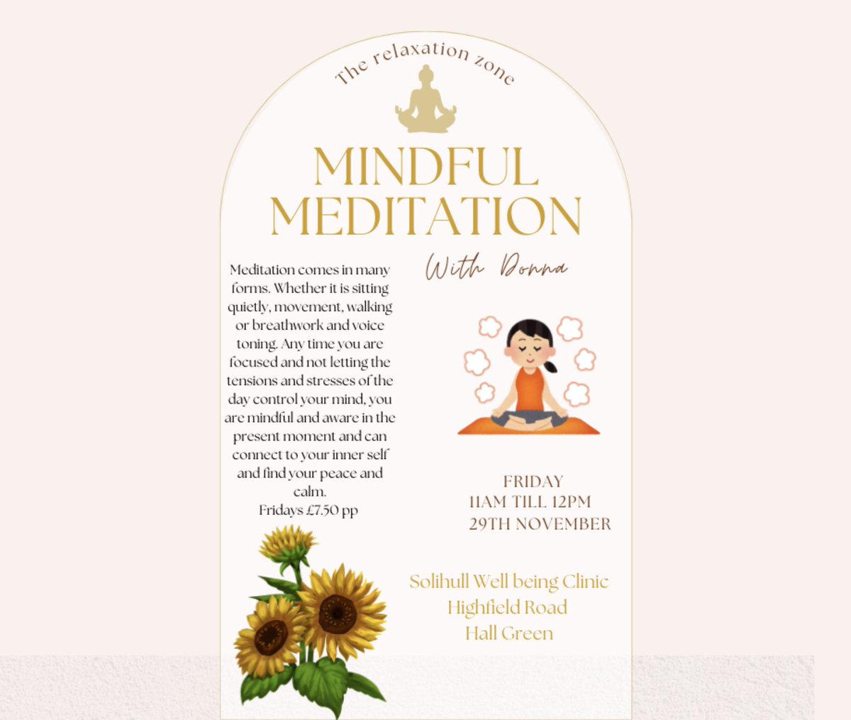 We have run meditation and mindfulness sessions in various forms over the years at Solihull Well Being Clinic.  Donna is launching a new experience, Fri 29 Nov 2024 11am-12noon.  Please inbox if you'd like to reserve a space.
#solihullwellbeingclinic #meditation