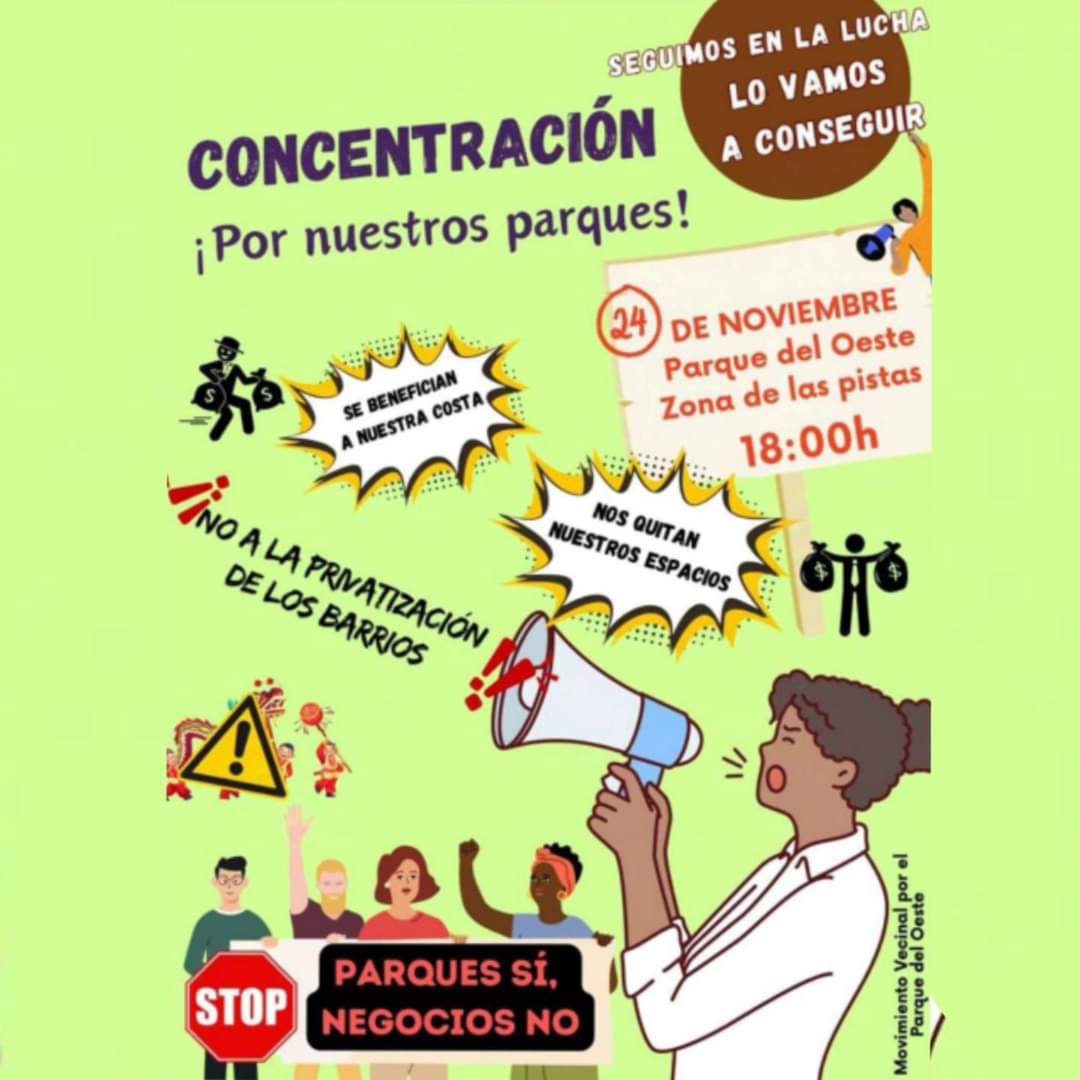 MalagaRebellion's tweet photo. ¡Concentración por nuestros parques!  Una vez más saldremos a decir ¡No a la privatización de los barrios!
 24 de noviembre.  Parque del Oeste (zona de las pistas deportivas)
 18:00 hs.
 Parques sí, negocios no https://t.co/Zozsp8Enuu