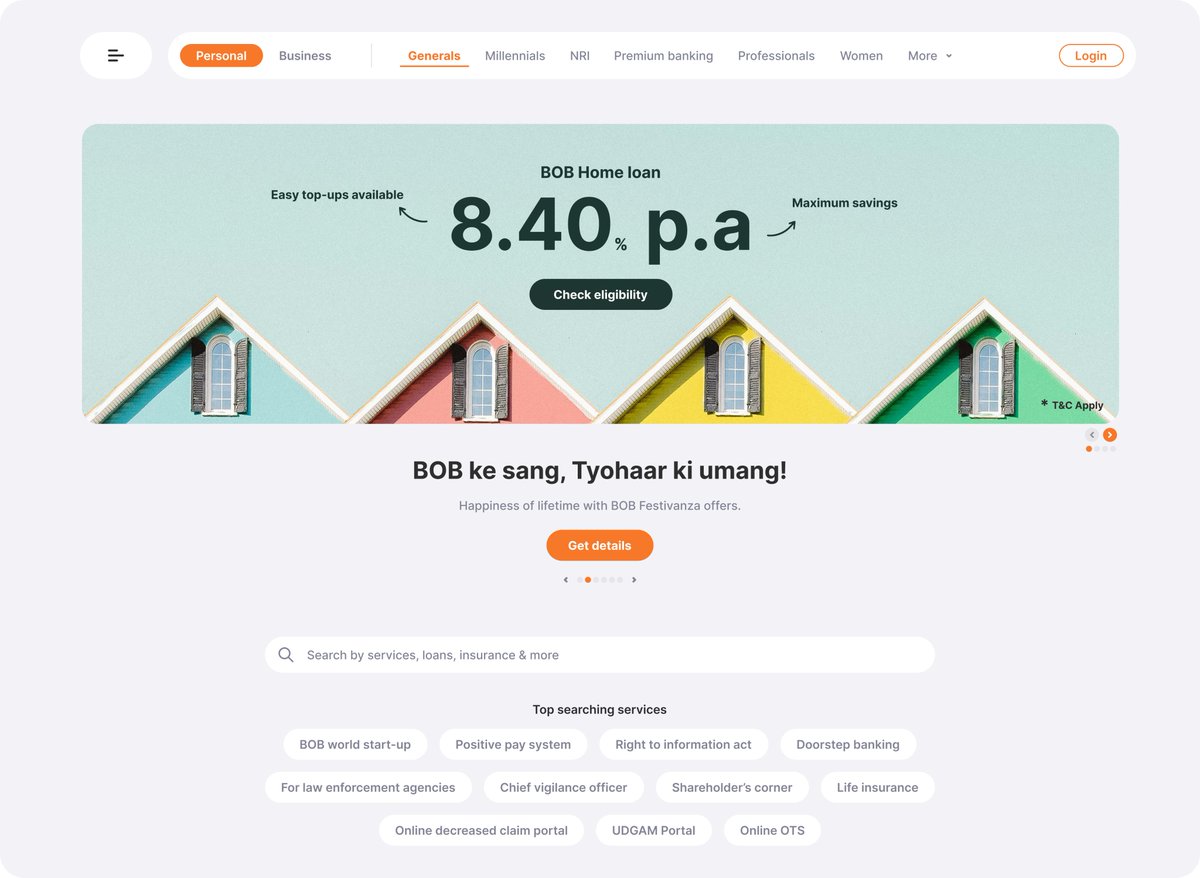 Hi, i have redesigned the <a href="/bankofbaroda/">Bank of Baroda</a> 
website's landing page, into modern ui design.