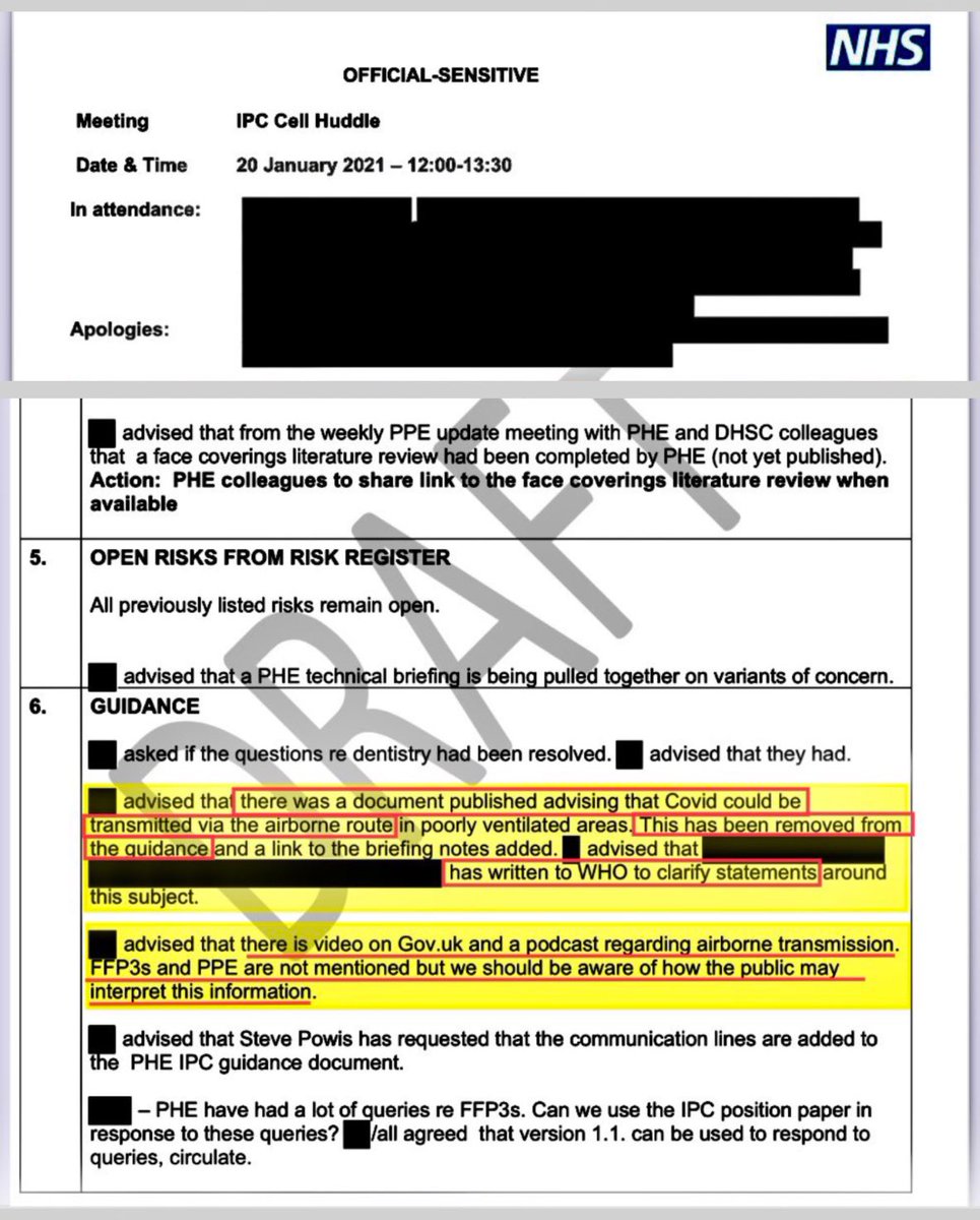 Jan. 2021, UK “IPC Cell Huddle” meeting: 

“…there was a document published advising that Covid could be transmitted via the airborne route […]This has been removed from the quidance.”

“XXX has written to WHO to clarify statements around
this subject.”