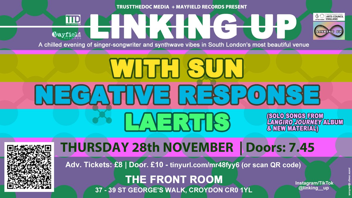 Neil March (Trust The Doc Media/ICMP) (@trustthedocuk) on Twitter photo Only 4 days left to get your £8 advance tickets for the last #LinkingUp <a href="/frontroomspace/">The Front Room</a> E.Croydon of 2024 with a chilled line-up of indie-folk, synthwave & singer-songwriter pop ft:
<a href="/withsunmusic/">With Sun</a>
@negreg001
#Laertis
demerararecords.com/linking-up
Art & Design: <a href="/paulfcook/">Paul F Cook</a> Only 4 days left to get your £8 advance tickets for the last #LinkingUp <a href="/frontroomspace/">The Front Room</a> E.Croydon of 2024 with a chilled line-up of indie-folk, synthwave & singer-songwriter pop ft:
<a href="/withsunmusic/">With Sun</a>
@negreg001
#Laertis
demerararecords.com/linking-up
Art & Design: <a href="/paulfcook/">Paul F Cook</a>