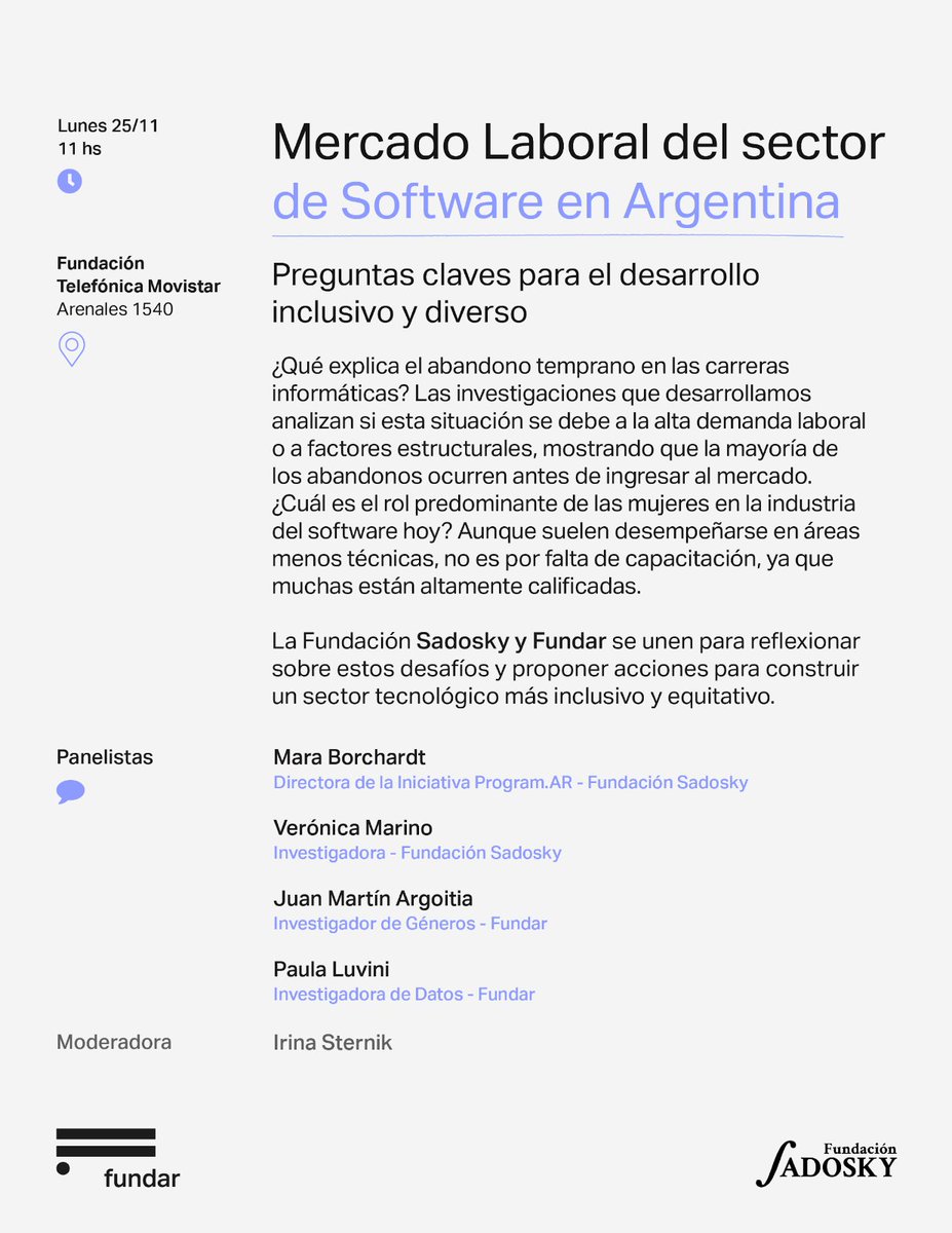 Mañana hablamos del mercado de trabajo en el software.

<a href="/fundarpoliticas/">Fundar</a>  + <a href="/funsadosky/">Fundación Sadosky</a> 

Inscripciones abiertas acá docs.google.com/forms/d/e/1FAI…