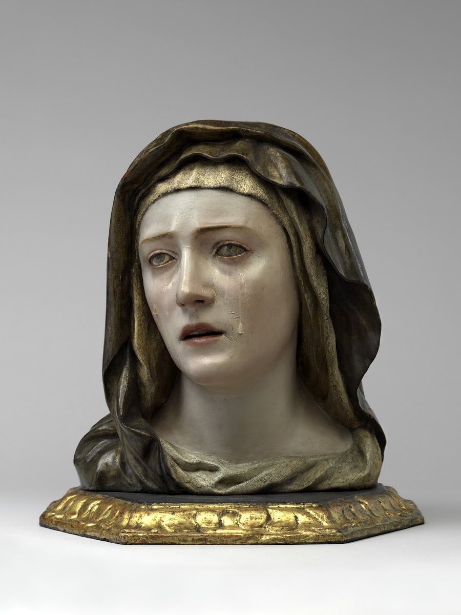 Bust of Our Lady of Sorrows (Mater Dolorosa) by Spanish sculptor Pedro Roldán, Seville, circa 1670-1675. Medium: Poplar wood. Now on display at the Bode Museum, Berlin.