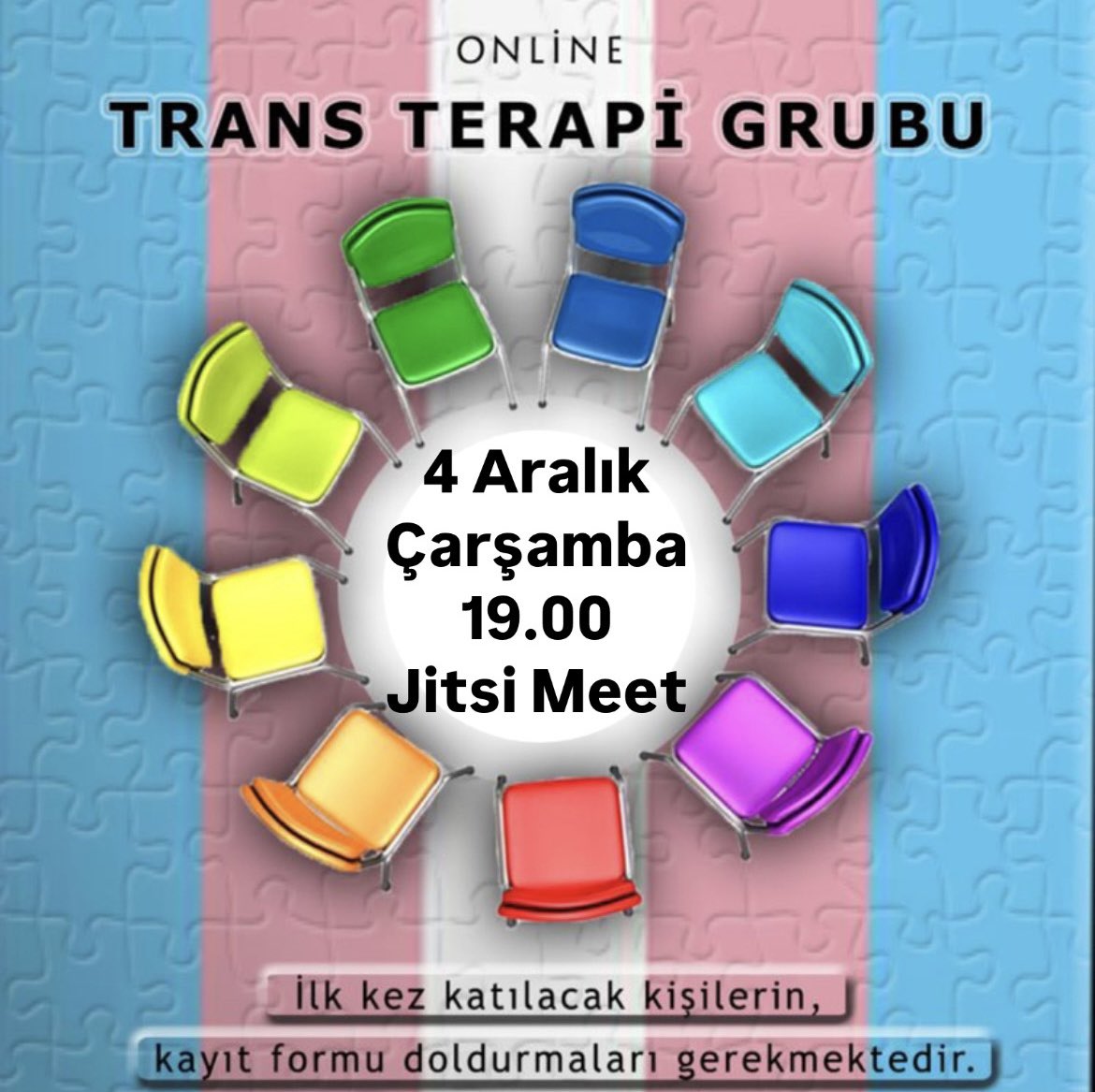 2013'den beri düzenlenen toplantılarla, transların sürecine yönelik psikososyal destek sağlayan grubun, Aralık ayındaki toplantısı, 4 Aralık Çarşamba günü yapılacak. Toplantılara ilk kez katılacak kişilerin, profildeki web bağlantısından kayıt formu doldurması gerekmektedir.