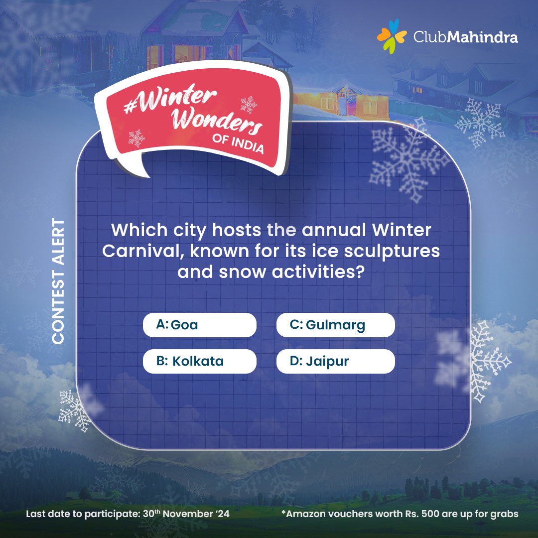 clubmahindra's tweet photo. #ContestAlert  9 of 15 Participate in all #WinterWondersOfIndia  
STEPS 1) Commenting using #WinterWondersOfIndia &amp; tagging 4 friends &amp; @clubmahindra is mandatory​​ 2)Participate in all 15 contest posts. Winners get Amazon vouchers worth INR 500 each. https://t.co/CgJMHNdbe1
