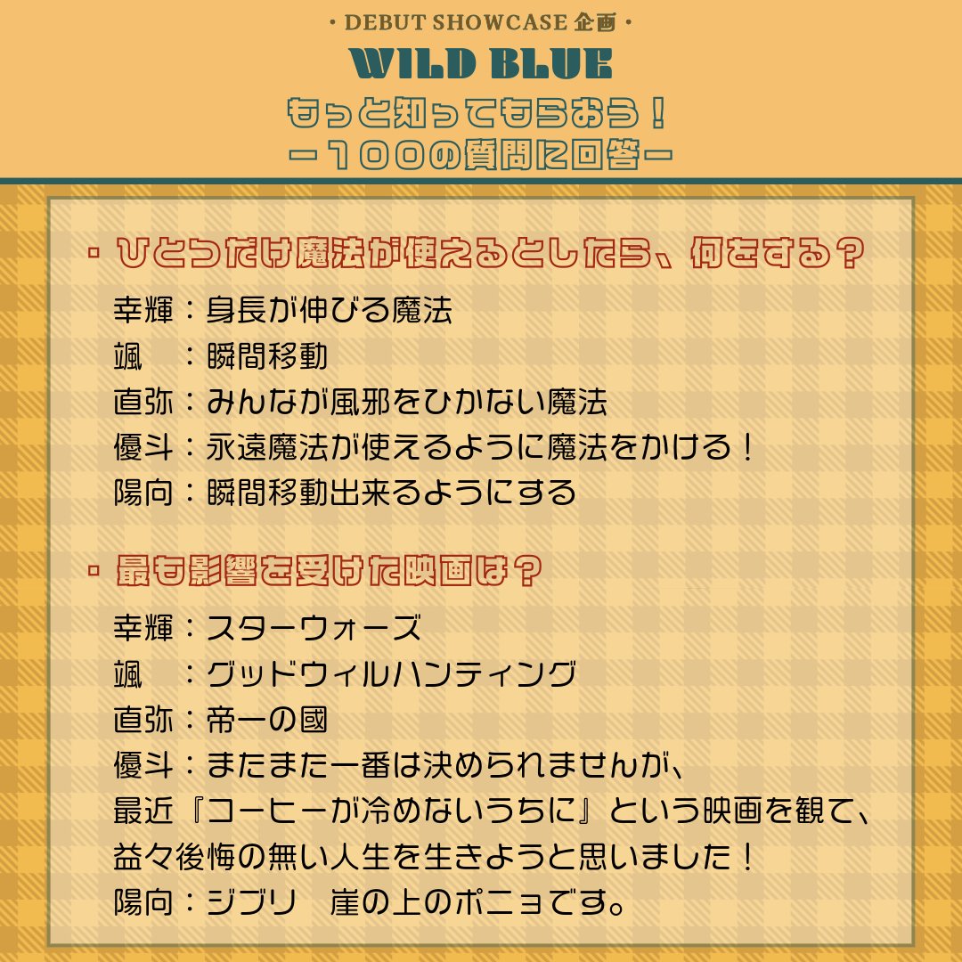 wildblue_ykme's tweet photo. [𝟏𝟎𝟎の質問🔎] #1

DEBUT SHOWCASEにて実施した
100の質問のコーナー🫧
時間の関係で取り上げられなかった回答を大公開!!
個性溢れるメンバーの回答チェックしてください🥳

#WILDBLUE 
#WILDBLUEを知ってほしい https://t.co/KiJUqsOTpS