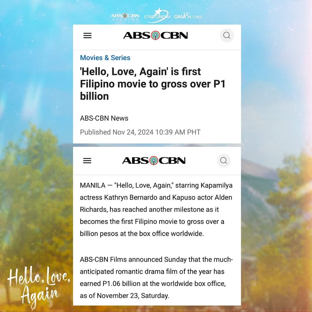 solidwarriors02's tweet photo. Isang Bilyong pasasalamat sa lahat ng supporta at nagmahal muli kasama si Ethan at Joy!✨️ 

#HelloLoveAgain reached 1.06 Billion gross as of November 23, 2024!💜

Congrats Alden and TEAM HLA!👏

NOW ON ITS 2ND WEEK!✨️

©️StarCinema ▪︎ FB
 #AldenRichards
 @aldenrichards02 https://t.co/EfUBrxuHau