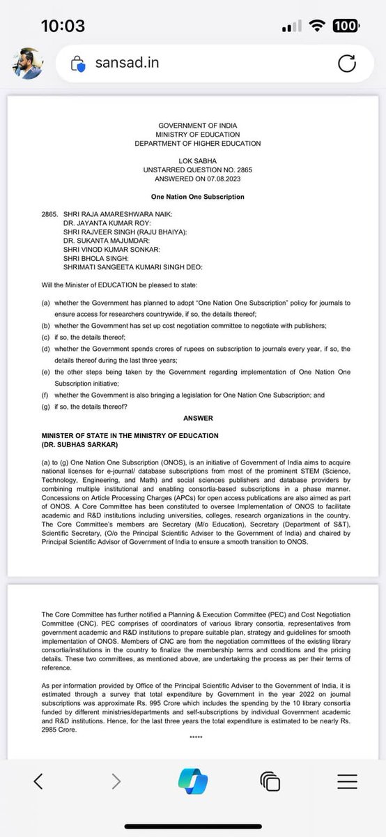 I think one nation one subscription is going to help the country a lot in research. During my PhD scihub was the saviour in accessing papers. Now it is too difficult to access new papers.. hope this project will give access to all journals to every researcher of the country..