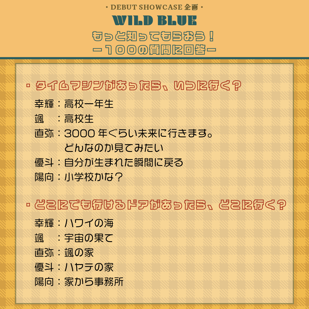 wildblue_ykme's tweet photo. [𝟏𝟎𝟎の質問🔎] #2

DEBUT SHOWCASEにて実施した
100の質問のコーナー🫧
時間の関係で取り上げられなかった回答を大公開!!
個性溢れるメンバーの回答チェックしてください🥳

#WILDBLUE
#WILDBLUEを知ってほしい https://t.co/zxzosWXuHA