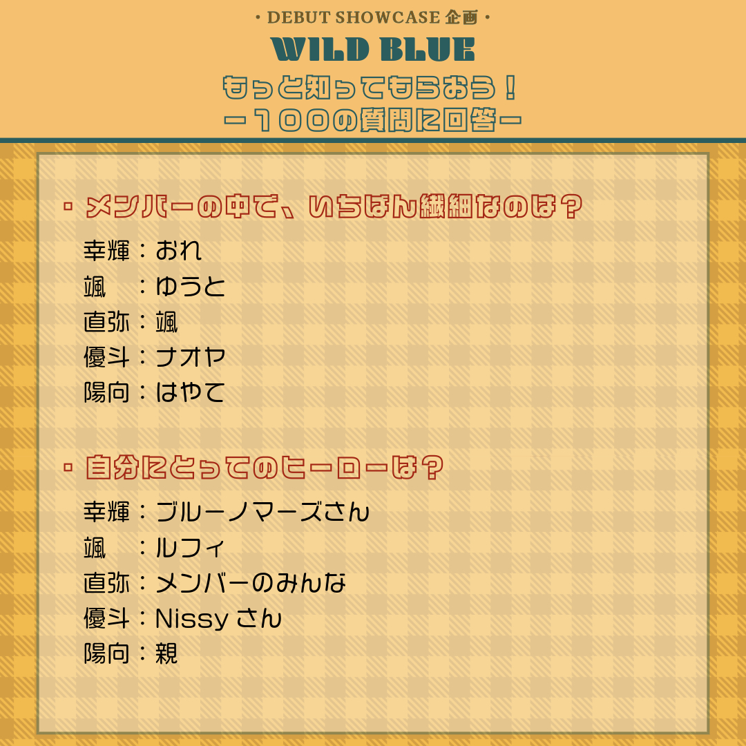 wildblue_ykme's tweet photo. [𝟏𝟎𝟎の質問🔎] #2

DEBUT SHOWCASEにて実施した
100の質問のコーナー🫧
時間の関係で取り上げられなかった回答を大公開!!
個性溢れるメンバーの回答チェックしてください🥳

#WILDBLUE
#WILDBLUEを知ってほしい https://t.co/zxzosWXuHA