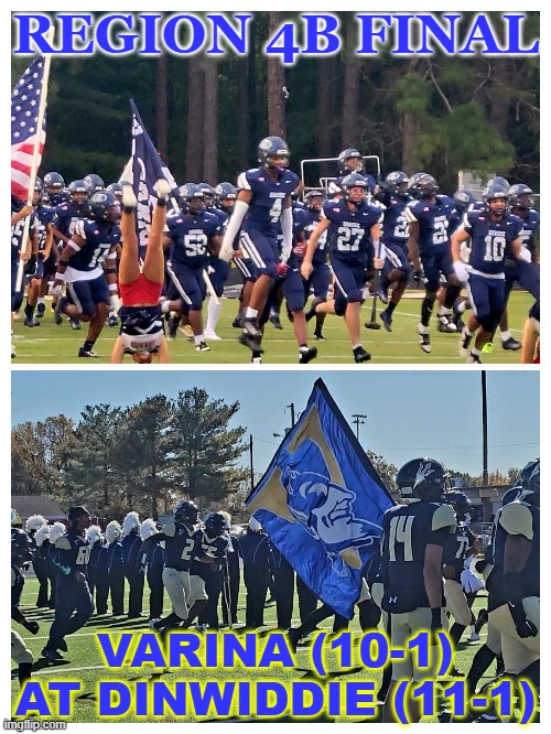 CRF4Dan's tweet photo. Does it get much bigger than Dinwiddie v. Varina for a region title?  I'll be on hand for this epic showdown.  @VaPrepsRivals @coachjjenkins @hatfieldsports @GeneralsFootbal @tl_beard @VarinaFootball @AthleticsVarina https://t.co/B1Jtmxhjur