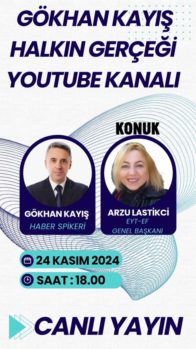 LEVENT ATACAN EYT-EF GEN.BŞK.YARD 💛💙 (@eytleventataca1) on Twitter photo Gökhan KAYIŞ Halkın Gerçeği YouTube Kanalının canlı yayın konuğu
<a href="/EytEmeklilerFed/">EYT VE EMEKLİLER FEDERASYONU</a> Genel Başkanı Sayın <a href="/ArzuLastikci/">EYT & EF Arzu LASTİKCİ</a> olacaktır
İzlemeniz dileğiyle...
Tarih : 24 Kasım Pazar
Saat 18.00
Link 👇
youtube.com/live/2DnSzz5w5…
#5000KısmiHakYasaşart
#intibakHakSeyyanen20Binşart
<a href="/gkayis/">Gokhan Kayis</a> Gökhan KAYIŞ Halkın Gerçeği YouTube Kanalının canlı yayın konuğu
<a href="/EytEmeklilerFed/">EYT VE EMEKLİLER FEDERASYONU</a> Genel Başkanı Sayın <a href="/ArzuLastikci/">EYT & EF Arzu LASTİKCİ</a> olacaktır
İzlemeniz dileğiyle...
Tarih : 24 Kasım Pazar
Saat 18.00
Link 👇
youtube.com/live/2DnSzz5w5…
#5000KısmiHakYasaşart
#intibakHakSeyyanen20Binşart
<a href="/gkayis/">Gokhan Kayis</a>