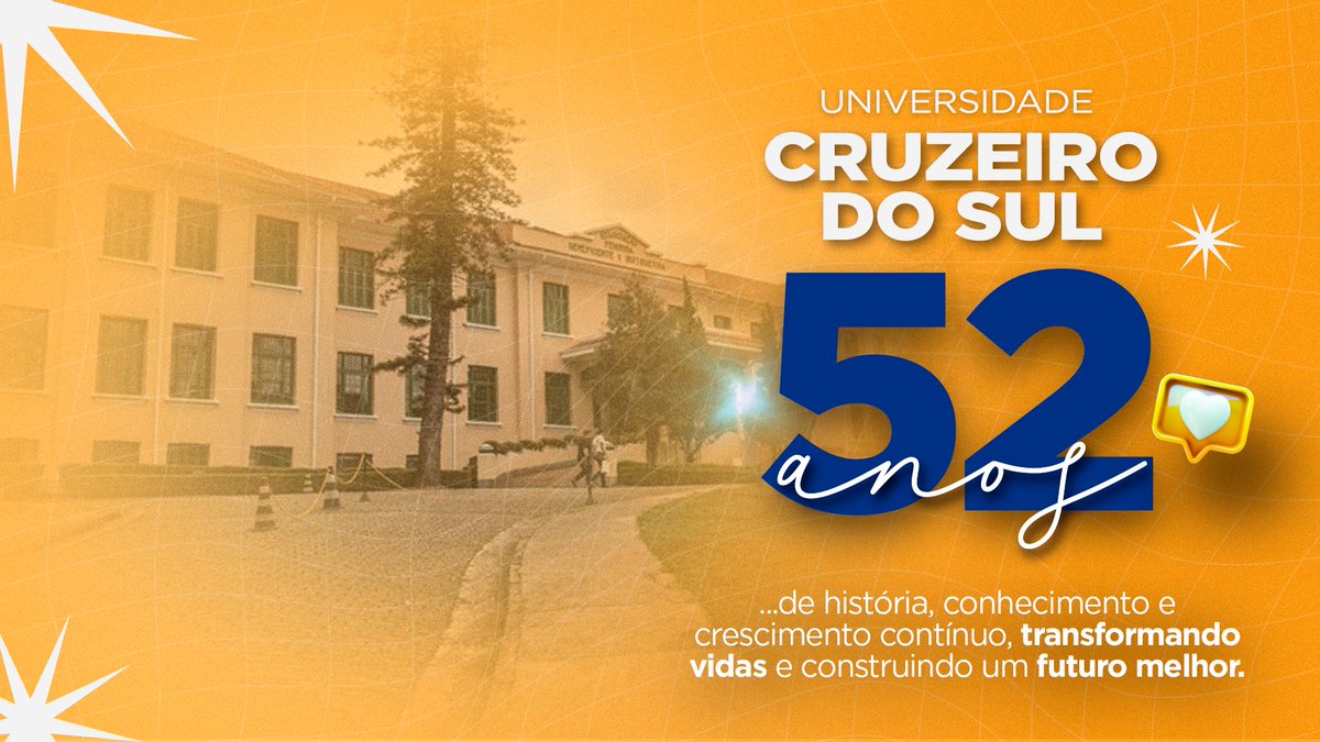 PARABÉNS, UNIVERSIDADE CRUZEIRO DO SUL! 🎉

52 anos de ensino, pesquisa e transformação de vidas. Cada conquista é feita por alunos, professores e colaboradores que constroem nossa história. 💛
Seguimos juntos rumo a um futuro ainda mais brilhante! 🎓
