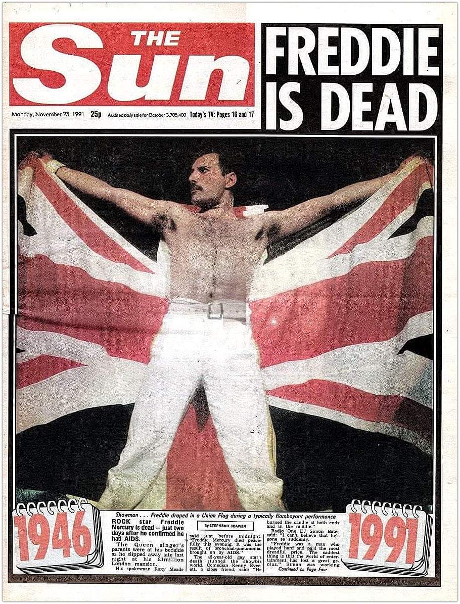 lata8290's tweet photo. Okładka The Sun po śmierci Freddiego Mercury. https://t.co/GztUpfwtku