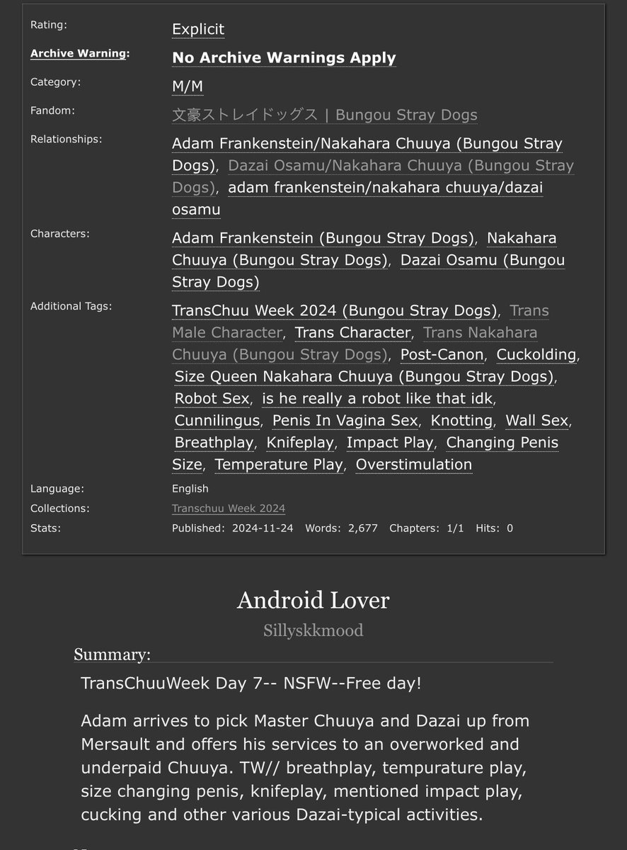 *skips in joyfully to deliver the best for last* 🔞🔞🔞
Happy day 7 of #Transchuuweek2024 🎉 today I went with nsfw free day, bringing you post-Mersault adamchuu/ briefly adamchuuzai 🎉🎉

Adam can make whatever he wants happen with his cock so size queen Chuuya is in heaven🥰