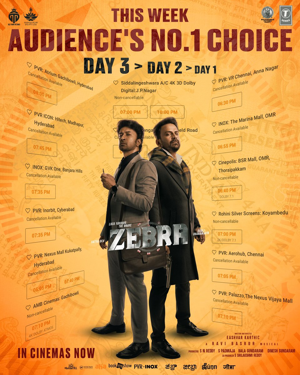 Old Town Pictures (@oldtownpictures) on Twitter photo #ZEBRA has conquered the audience's hearts, and becomes their No.1 Choice of the Weekend! π―β€βπ₯
Housefull NIGHT shows packed with families across all locations! π₯π₯
πππππ πππππ ππππππ, Book tickets π linktr.ee/ZEBRATickets
<a href="/ActorSatyaDev/">Satya Dev</a> <a href="/Dhananjayaka/">Dhananjaya</a> #ZEBRA has conquered the audience's hearts, and becomes their No.1 Choice of the Weekend! π―β€βπ₯
Housefull NIGHT shows packed with families across all locations! π₯π₯
πππππ πππππ ππππππ, Book tickets π linktr.ee/ZEBRATickets
<a href="/ActorSatyaDev/">Satya Dev</a> <a href="/Dhananjayaka/">Dhananjaya</a>