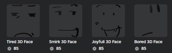 These faces are out!!!

roblox.com/catalog/111610…

roblox.com/catalog/932360…

roblox.com/catalog/123427…

roblox.com/catalog/789826…
#roblox #robloxugc #robloxart
