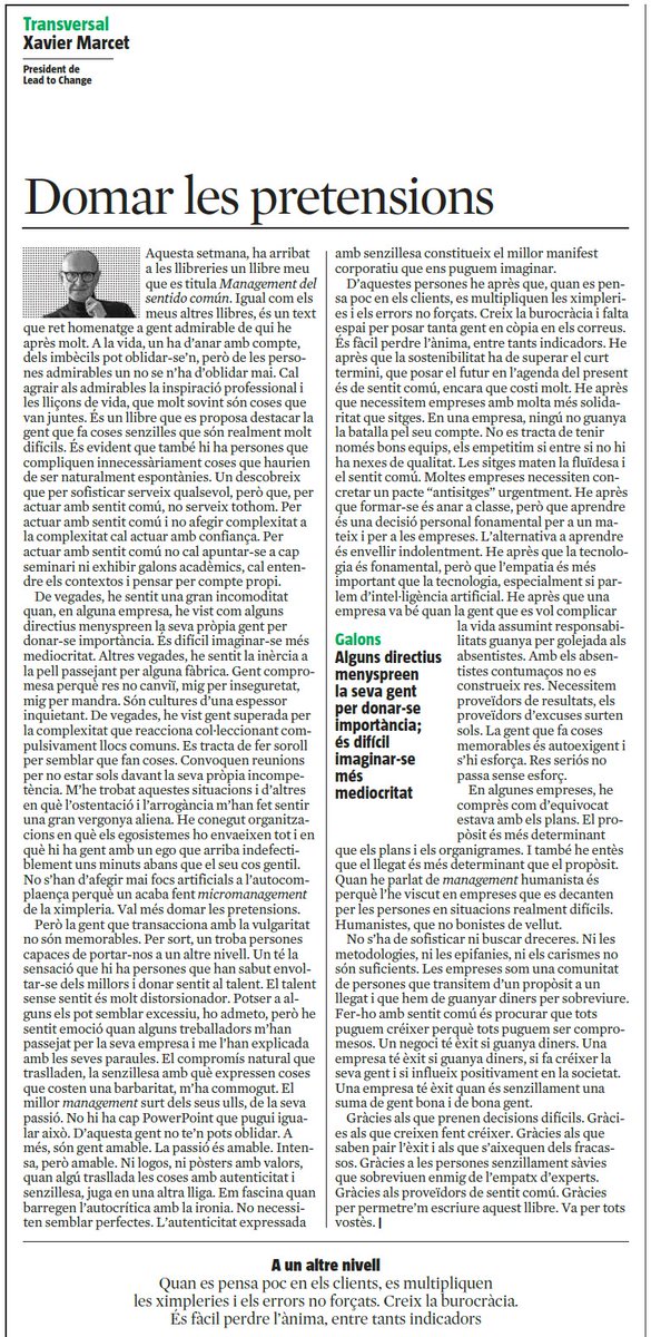 aburgaya's tweet photo. Article del @XavierMarcet d'imprescindible lectura.
Per llegir-lo i rellegir-lo. Avui a @LaVanguardia 
“El millor management surt dels teus ulls, de la teva passió”.
“Quan algú trasllada les coses amb autenticitat i senzillesa, juga en una altra lliga”. https://t.co/d24PbRDFBE