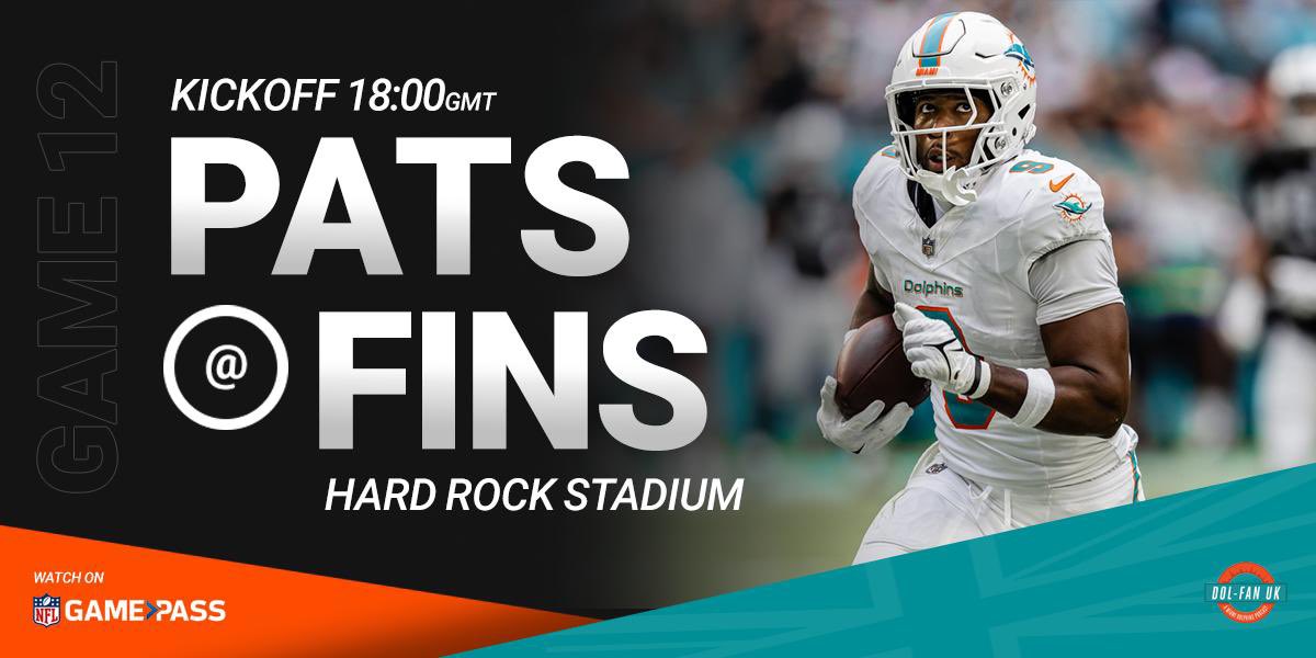 Dol-Fan UK Podcast (@dolfanuk_pod) on Twitter photo 🚨 IT’S GAMEDAY 🚨
🗓️ Week 12 vs New England Patriots
🏟️<a href="/HardRockStadium/">Hard Rock Stadium</a>
⌚️18:00 GMT
📺 NFL Game Pass
Post your score predictions below 👇🏻
#GoFins 🚨 IT’S GAMEDAY 🚨
🗓️ Week 12 vs New England Patriots
🏟️<a href="/HardRockStadium/">Hard Rock Stadium</a>
⌚️18:00 GMT
📺 NFL Game Pass
Post your score predictions below 👇🏻
#GoFins