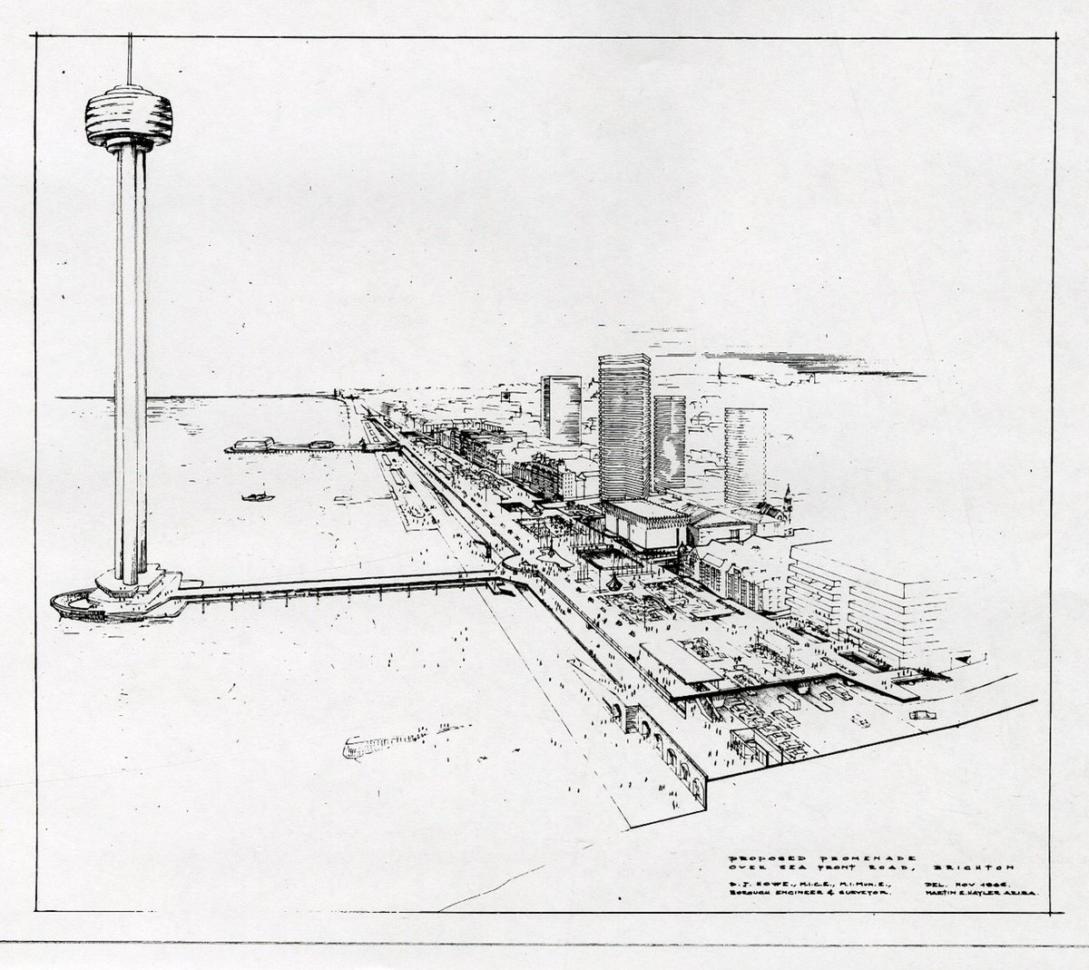 Look familiar? This 1965 proposal for a large seafront tower - known as the Skydeck -  is sketched out above and would have loomed large over West Street, Brighton. Ref ACC8761/68 #EYAHuge