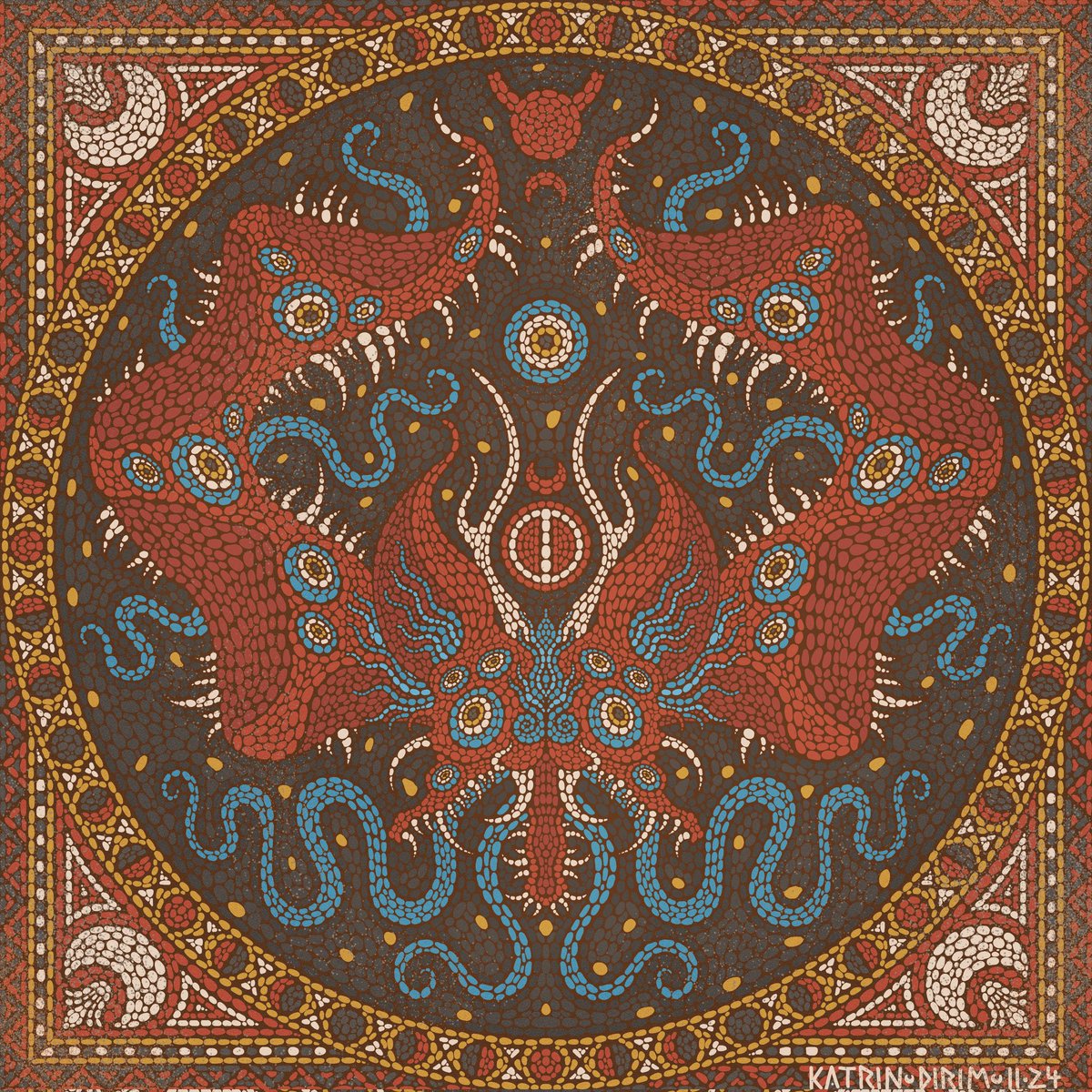 6th Wane mosaic from Glamour depicting the Crimson Bat, a playful critter befriended by the Red Goddes on her Underworld Journey